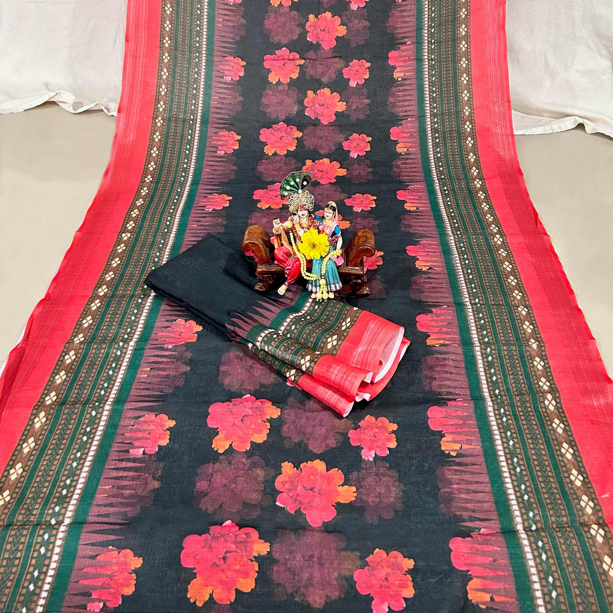 Black Floral Digital Printed Linen Saree