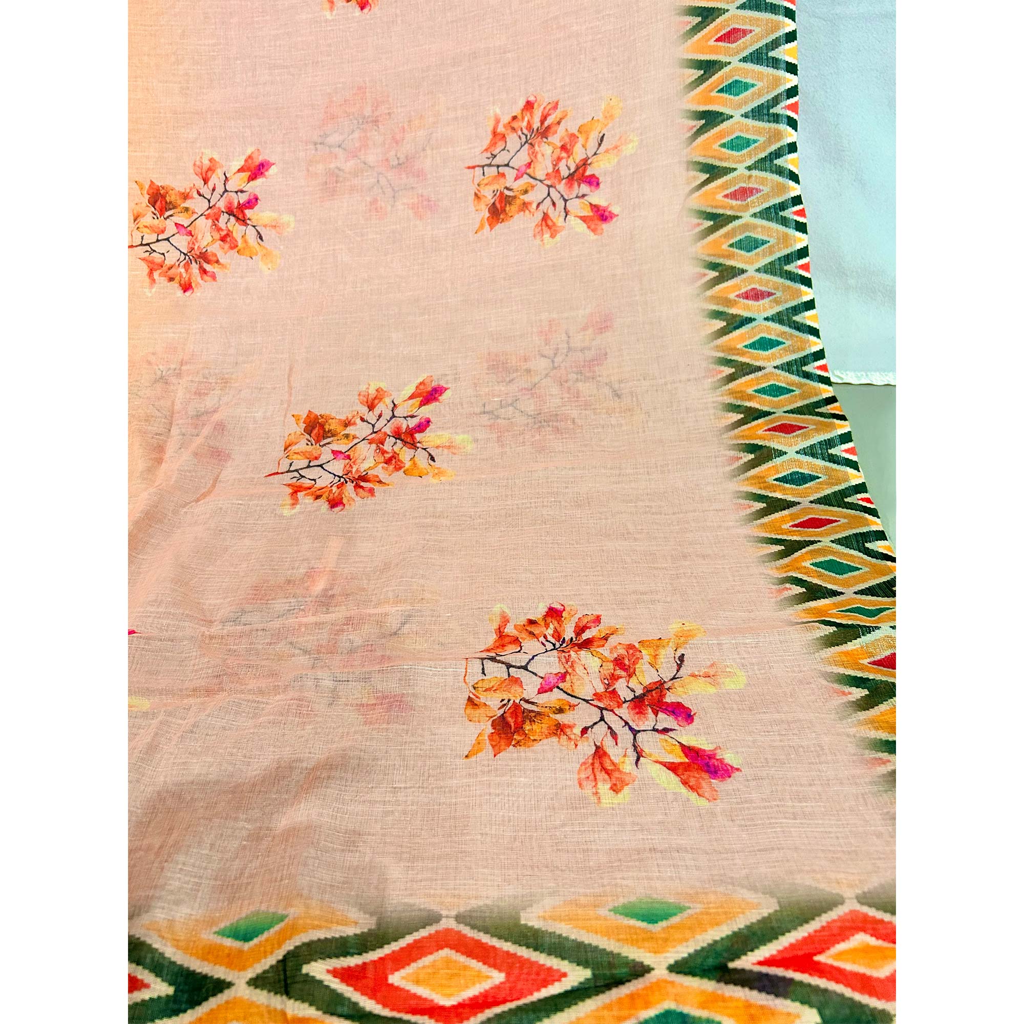 Peach Floral Digital Printed Linen Saree