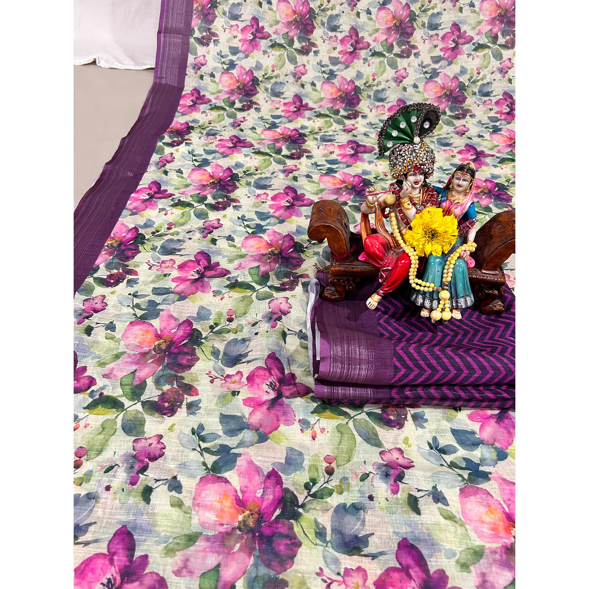 Wine Floral Digital Printed Linen Saree