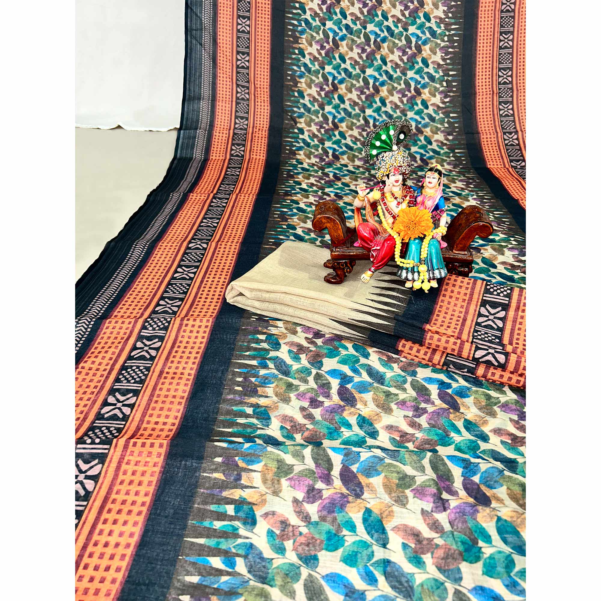 Black Floral Digital Printed Linen Saree