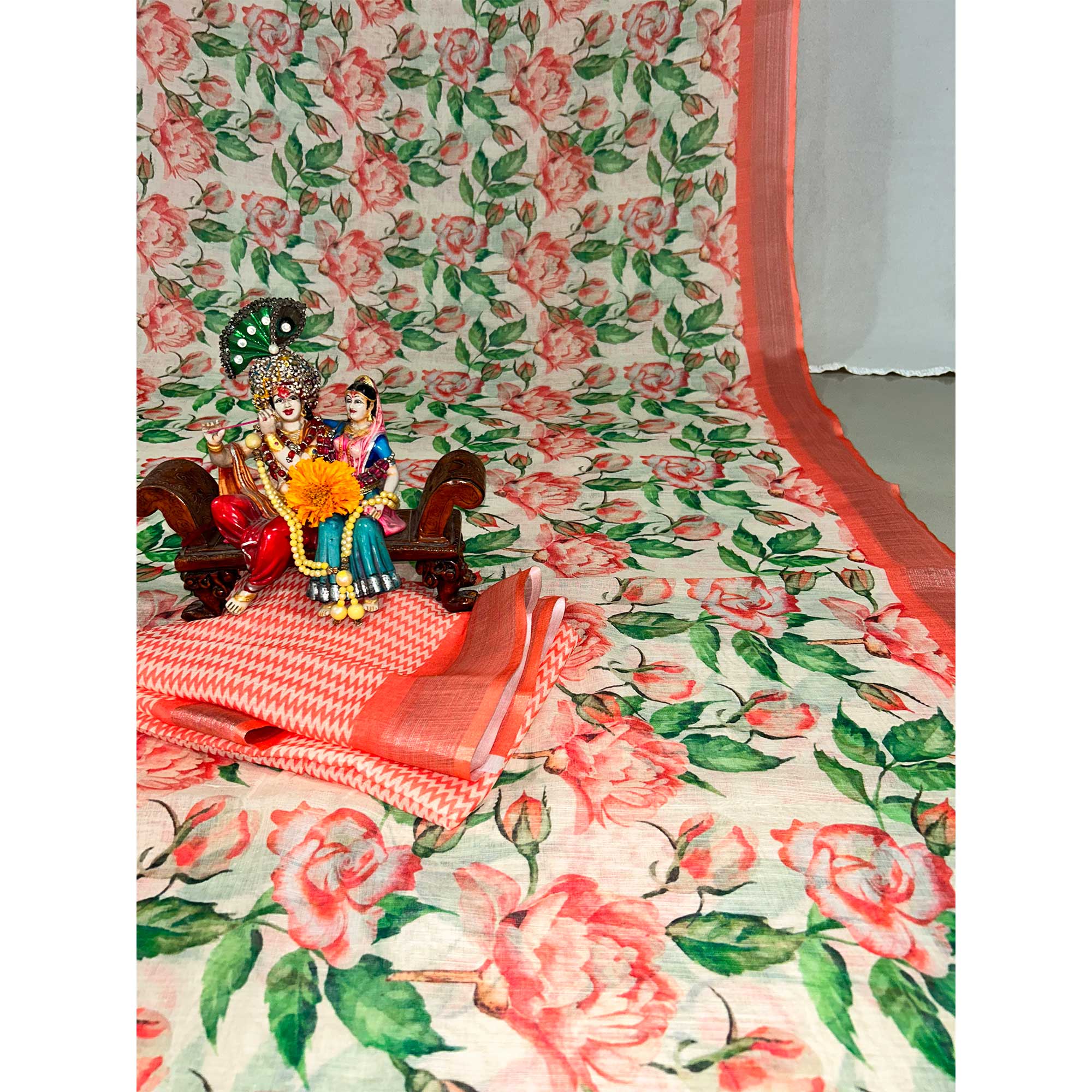 Peach Floral Digital Printed Linen Saree