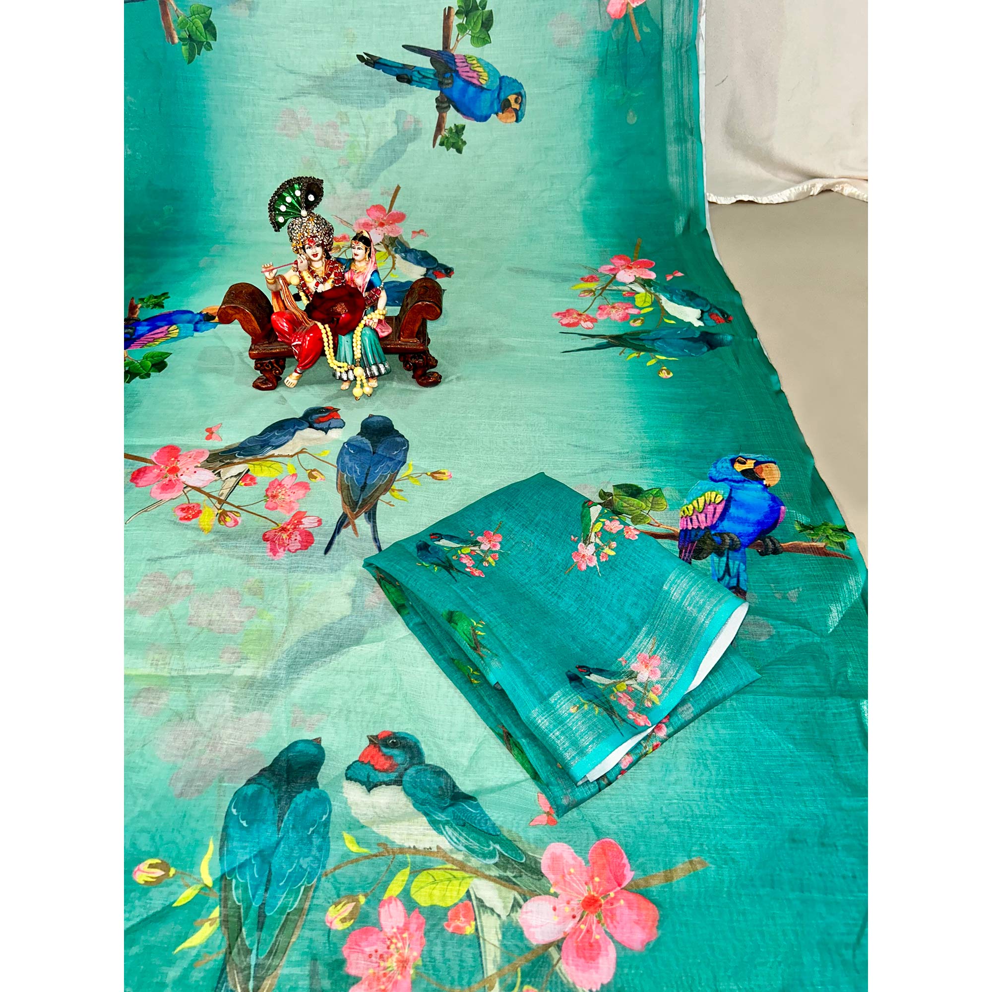 Teal Floral Digital Printed Linen Saree