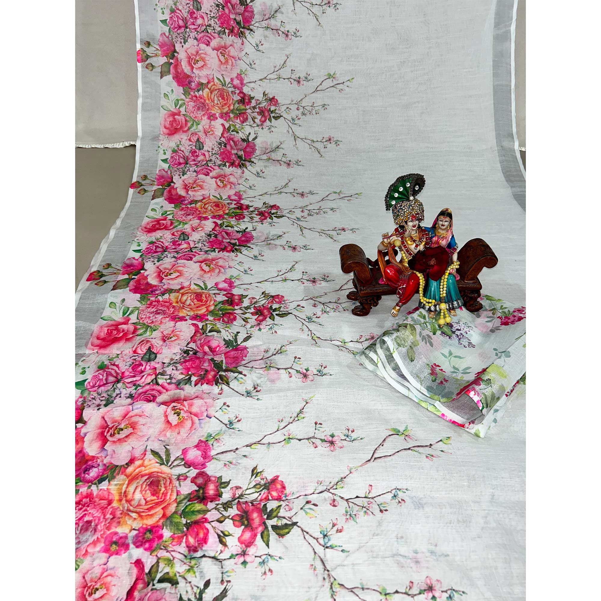 White Floral Digital Printed Linen Saree