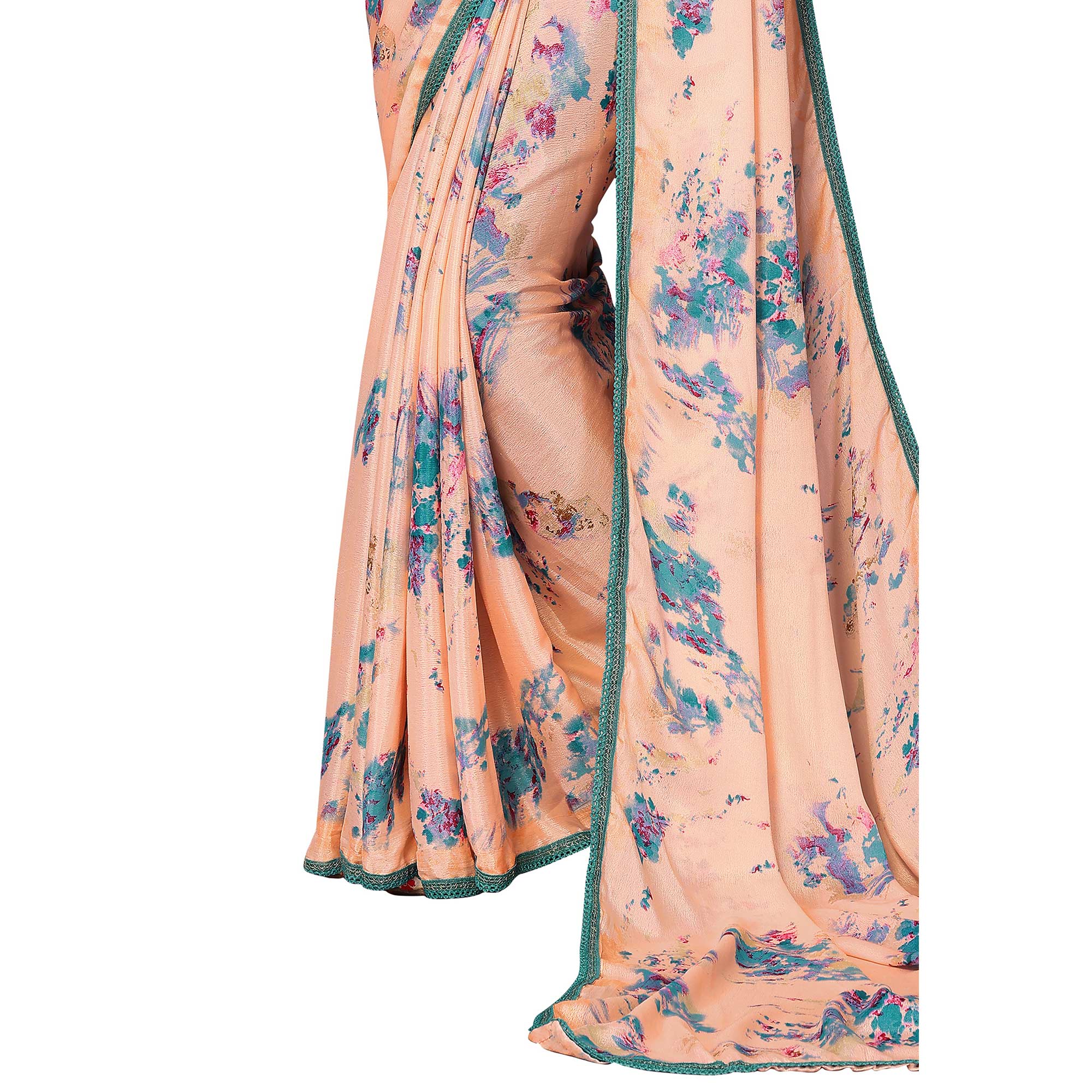 Peach Printed Vichitra Silk Saree