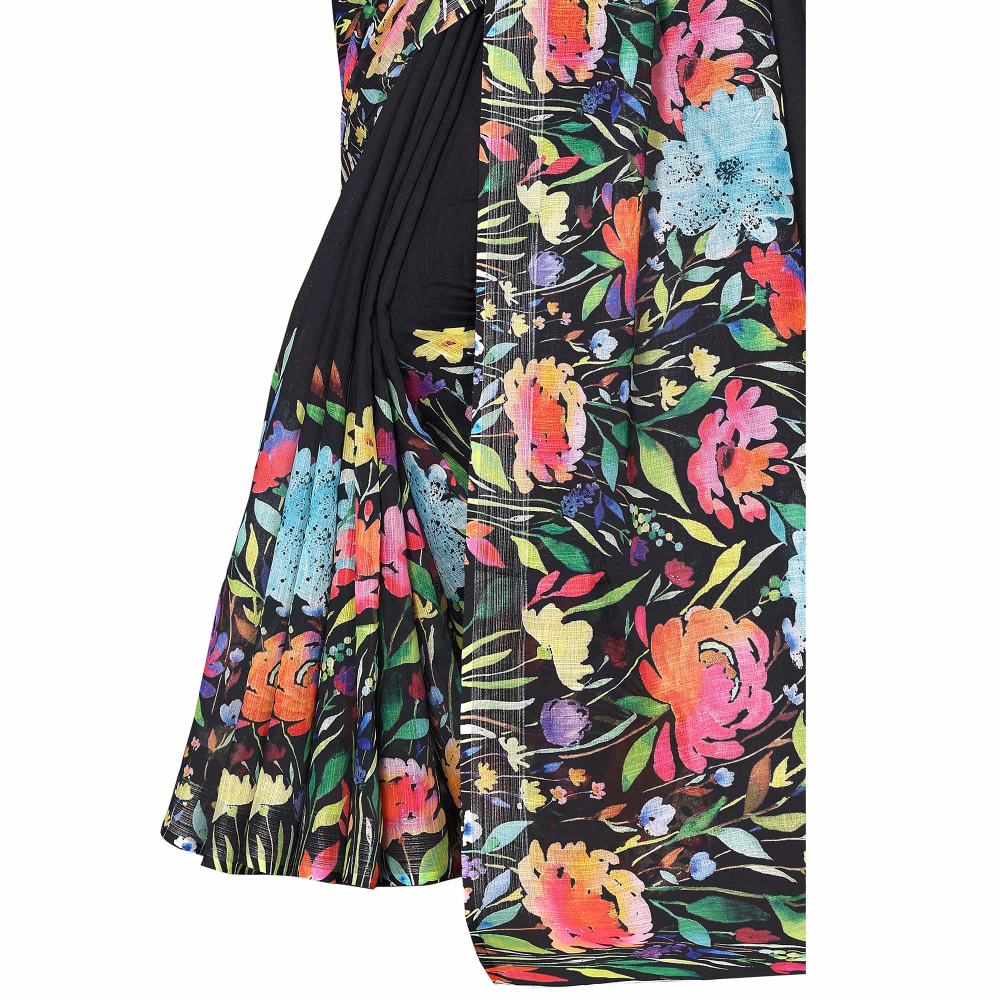 Black Digital Floral Printed Linen Saree