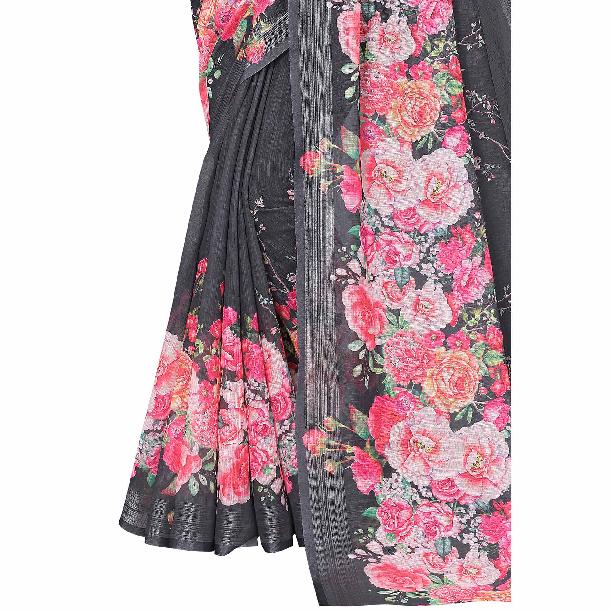 Grey & Pink Digital Floral Printed Linen Saree