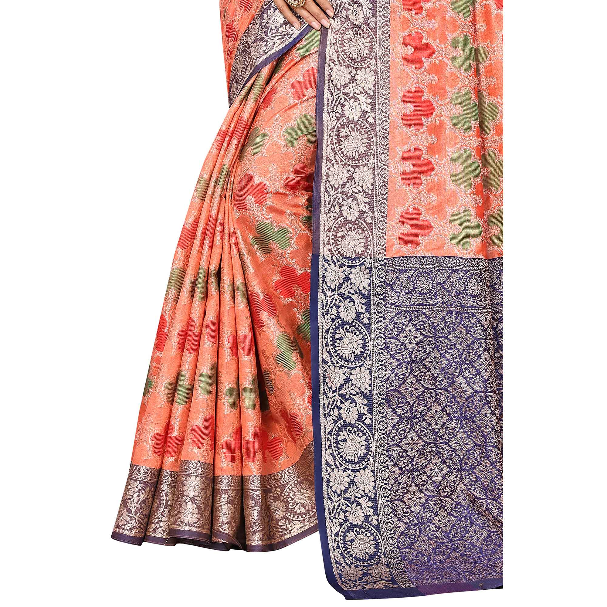 Orange Floral Woven Banarasi Silk Saree