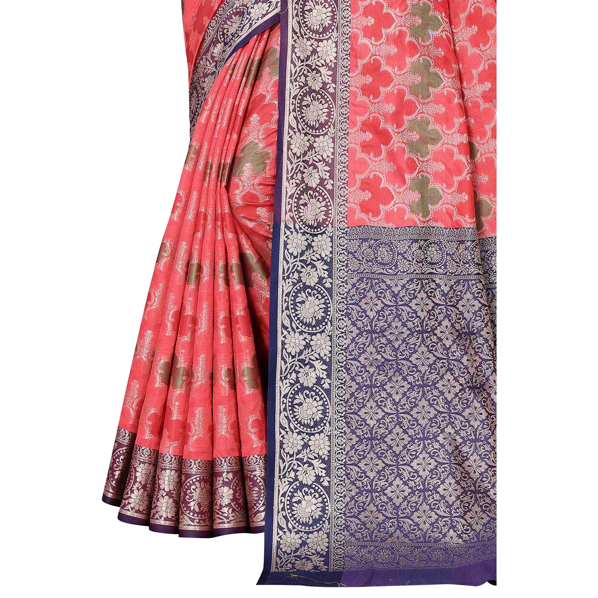 Peach Floral Woven Banarasi Silk Saree