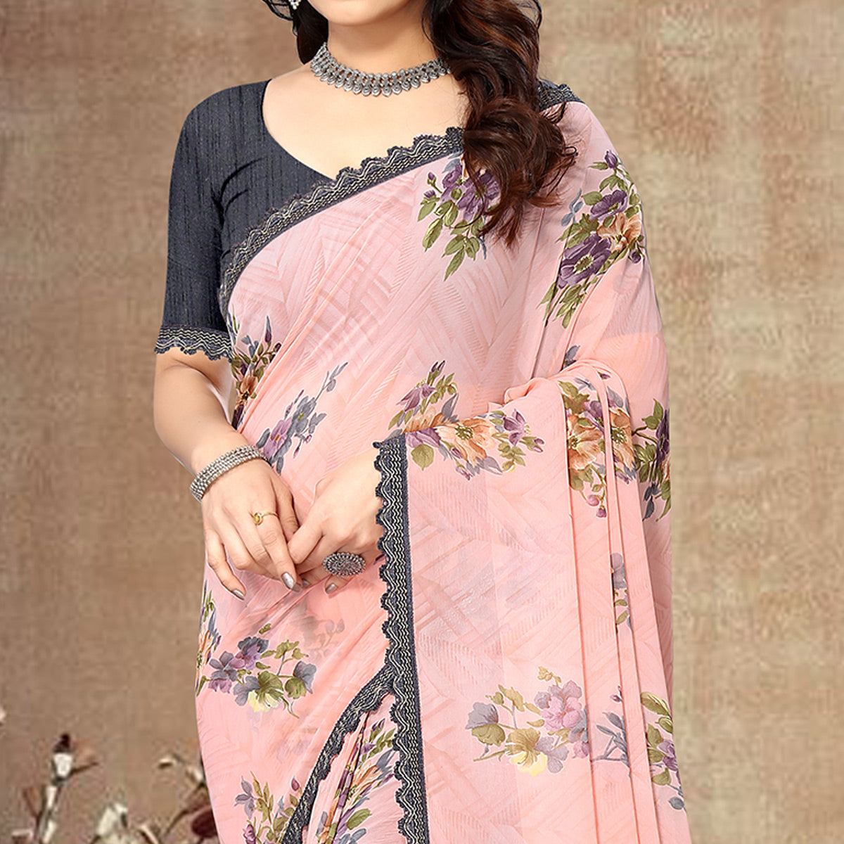 Peach Floral Printed Georgette Saree With Lace Border