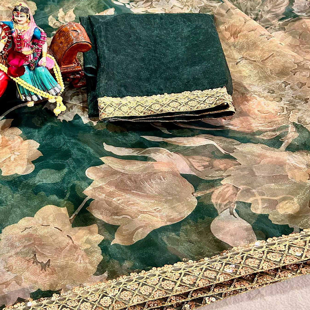 Green Floral Digital Printed Organza Saree With Lace Border