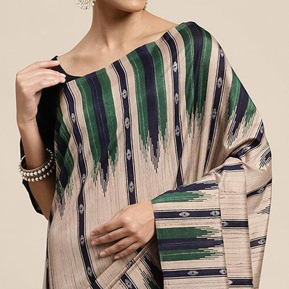 Beige Digital Printed Dola Silk Saree