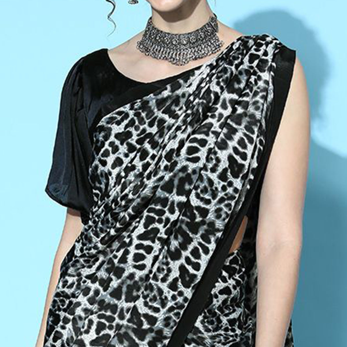 Black Digital Printed Chinon Saree