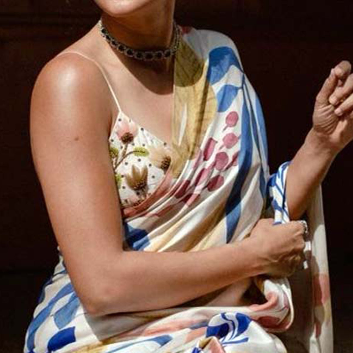 Off White Digital Printed Chinon Saree