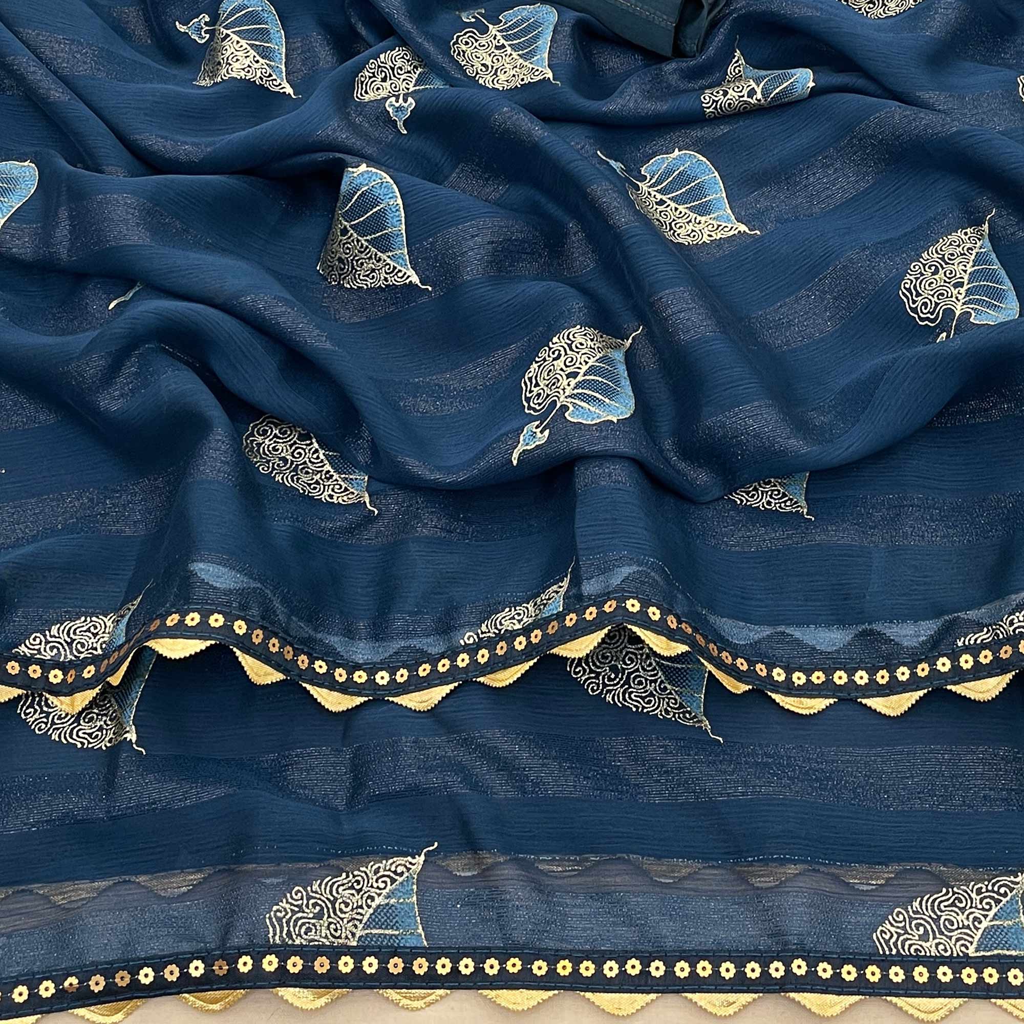 Blue Foil Printed Chiffon Saree With Sequins Embroidered Border