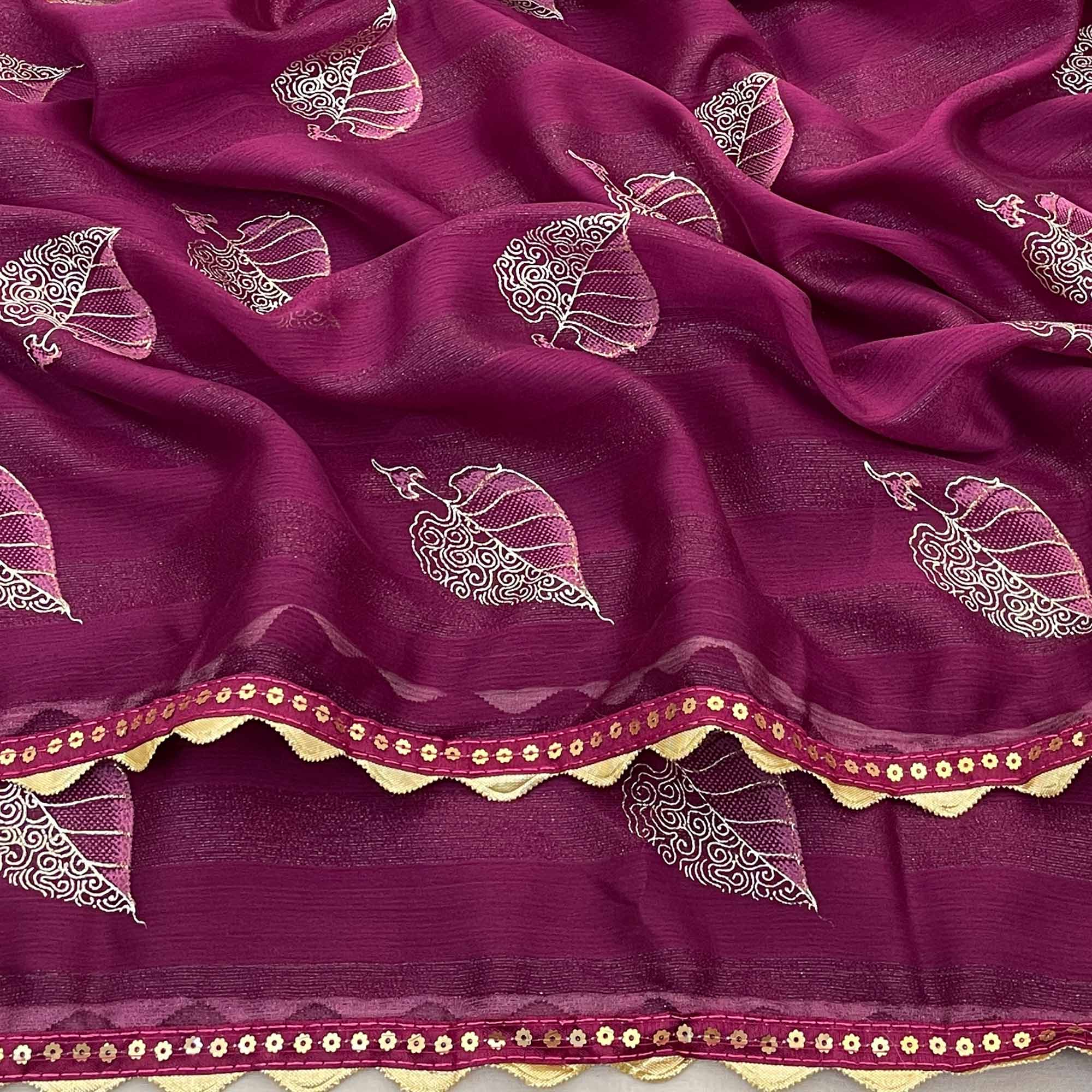 Wine Foil Printed Chiffon Saree With Sequins Embroidered Border