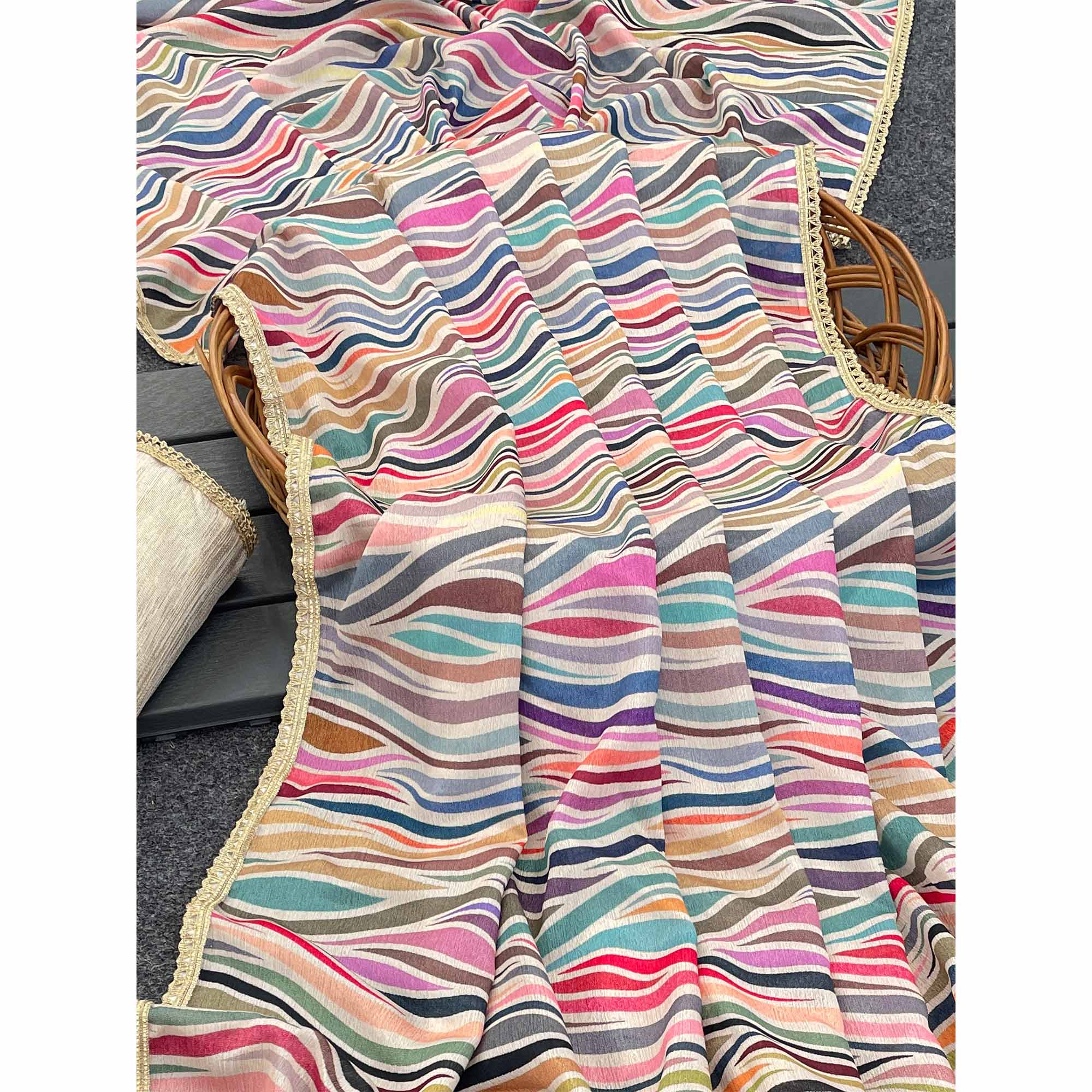 Multicolor Striped Digital Printed Chinon Silk Saree With Fancy Lace Border