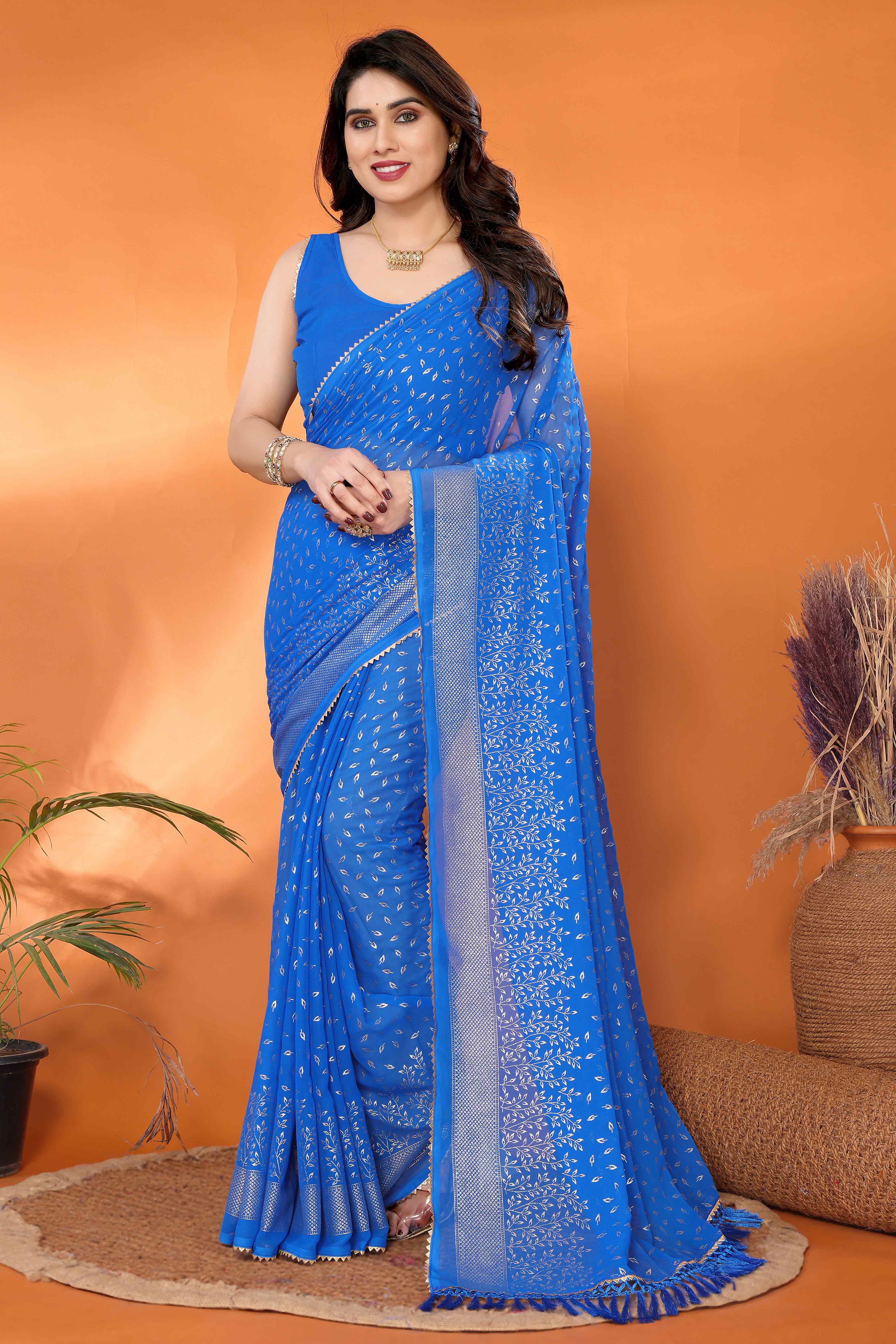 Blue Foil Printed Georgette Saree