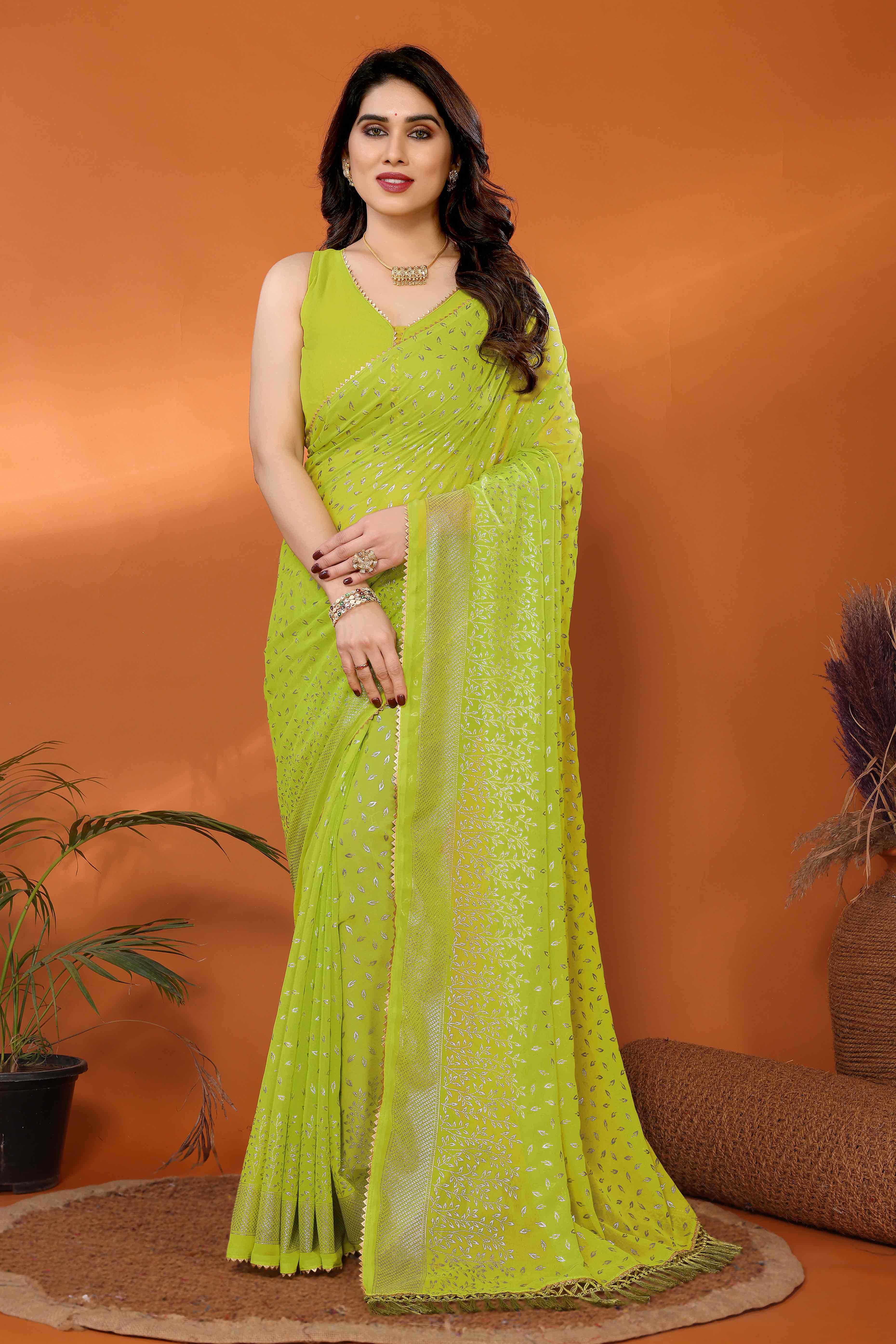 Green Foil Printed Georgette Saree