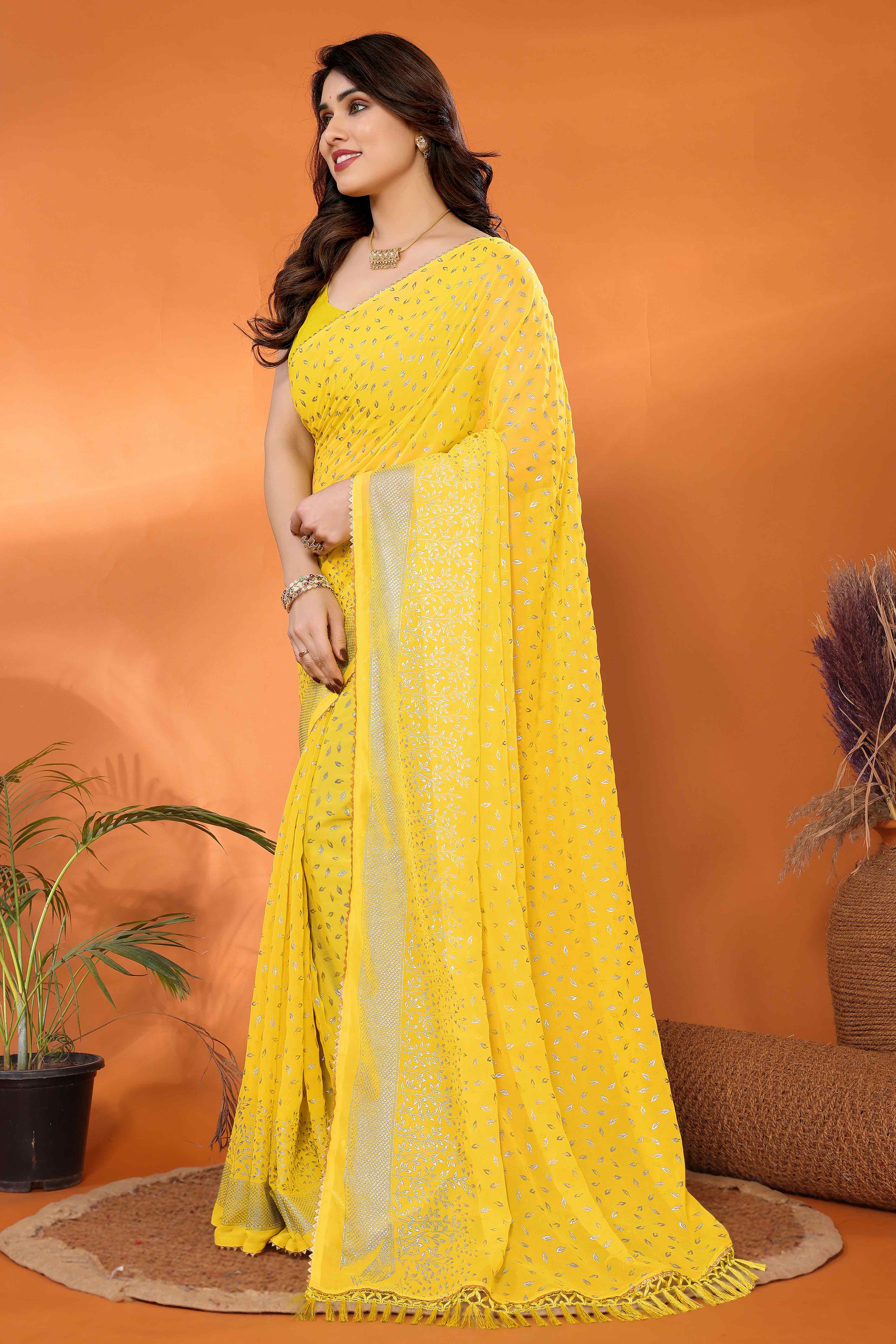 Yellow Foil Printed Georgette Saree