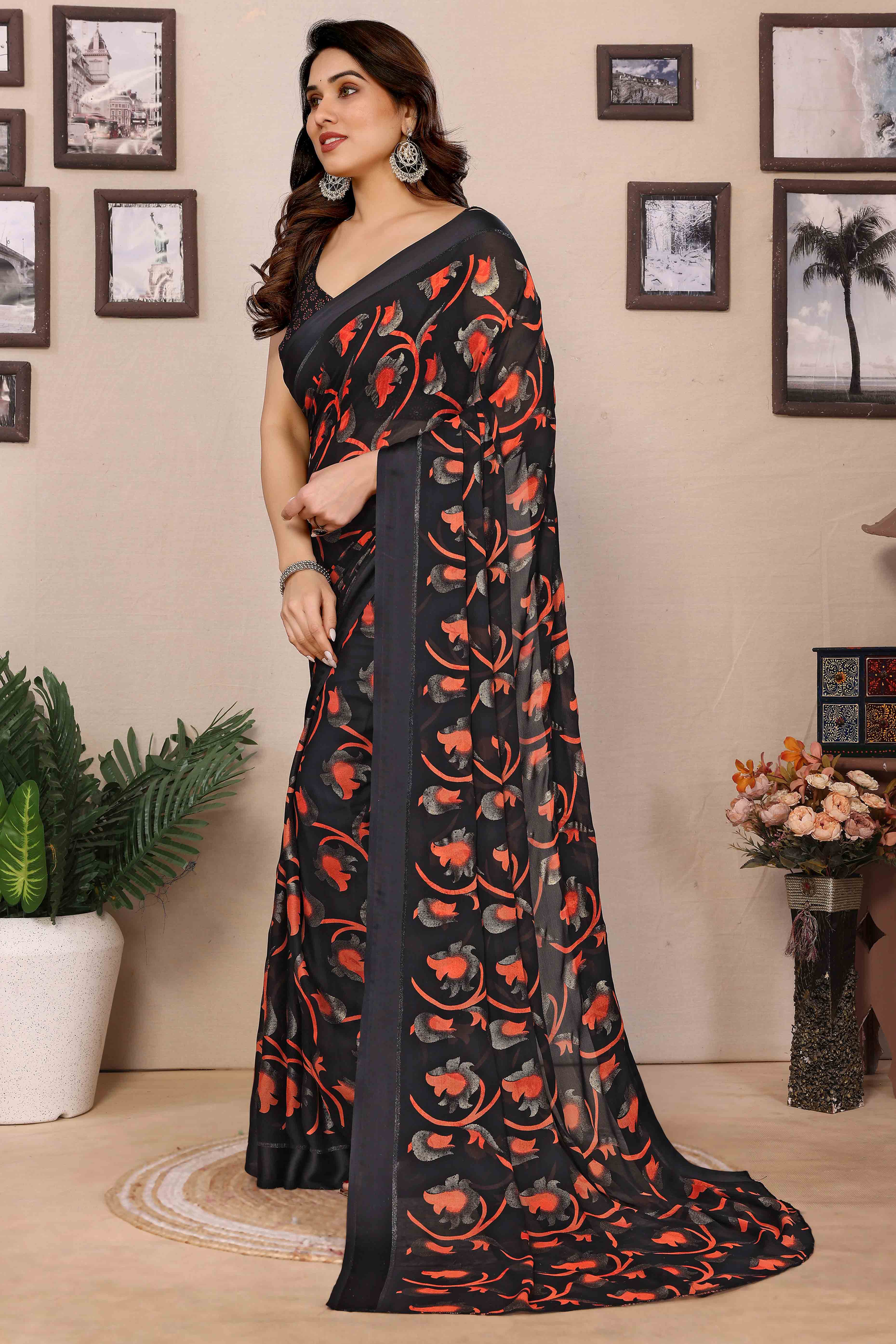 Black Floral Printed Georgette Saree
