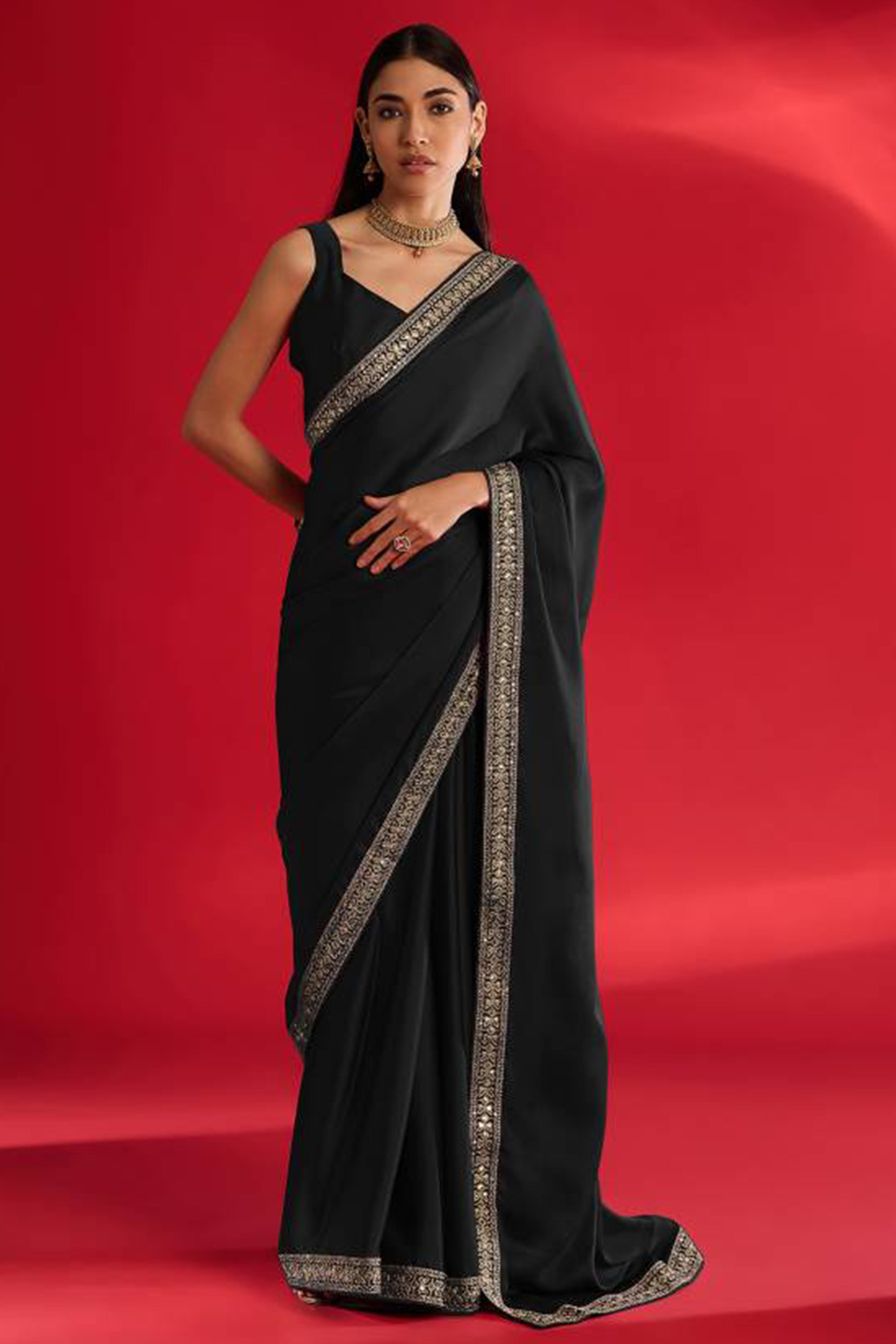Black Solid With Embellished Bordered Chiffon Sarees