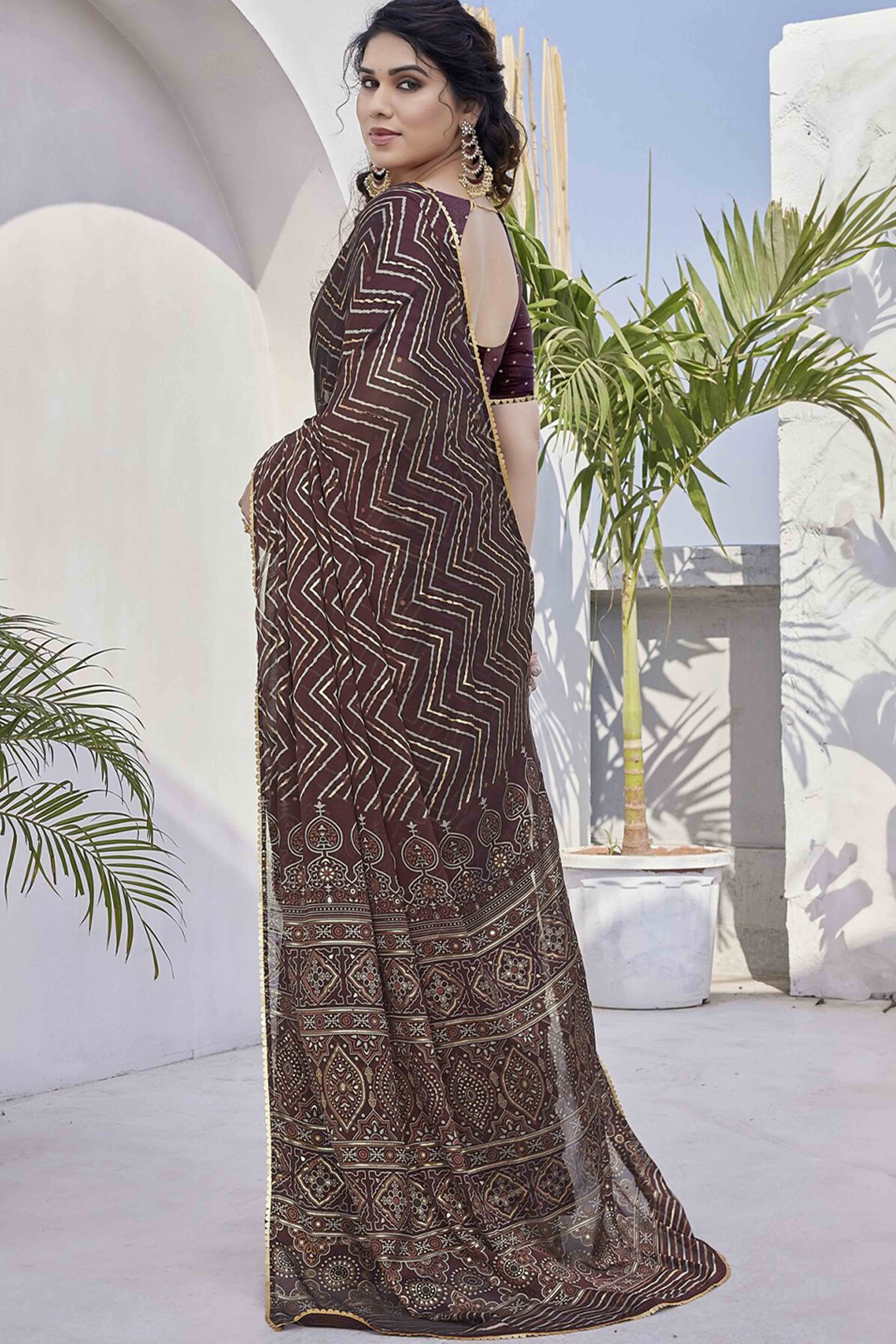 Dark Wine Chiffon Saree With Zig-Zag Foil Print & Golden Lace Border