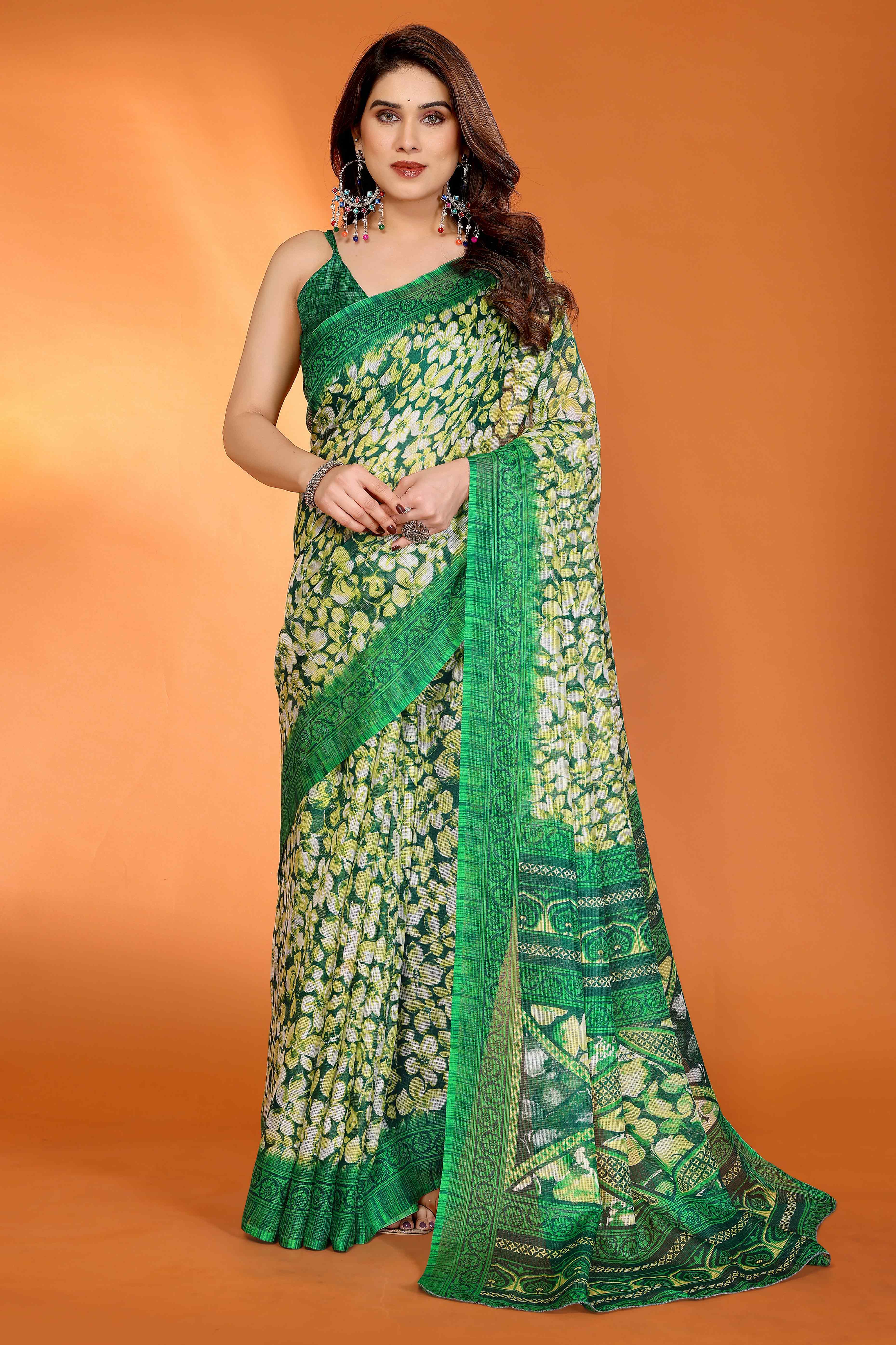 Green Kota Doria Saree with Graceful Floral Print Work