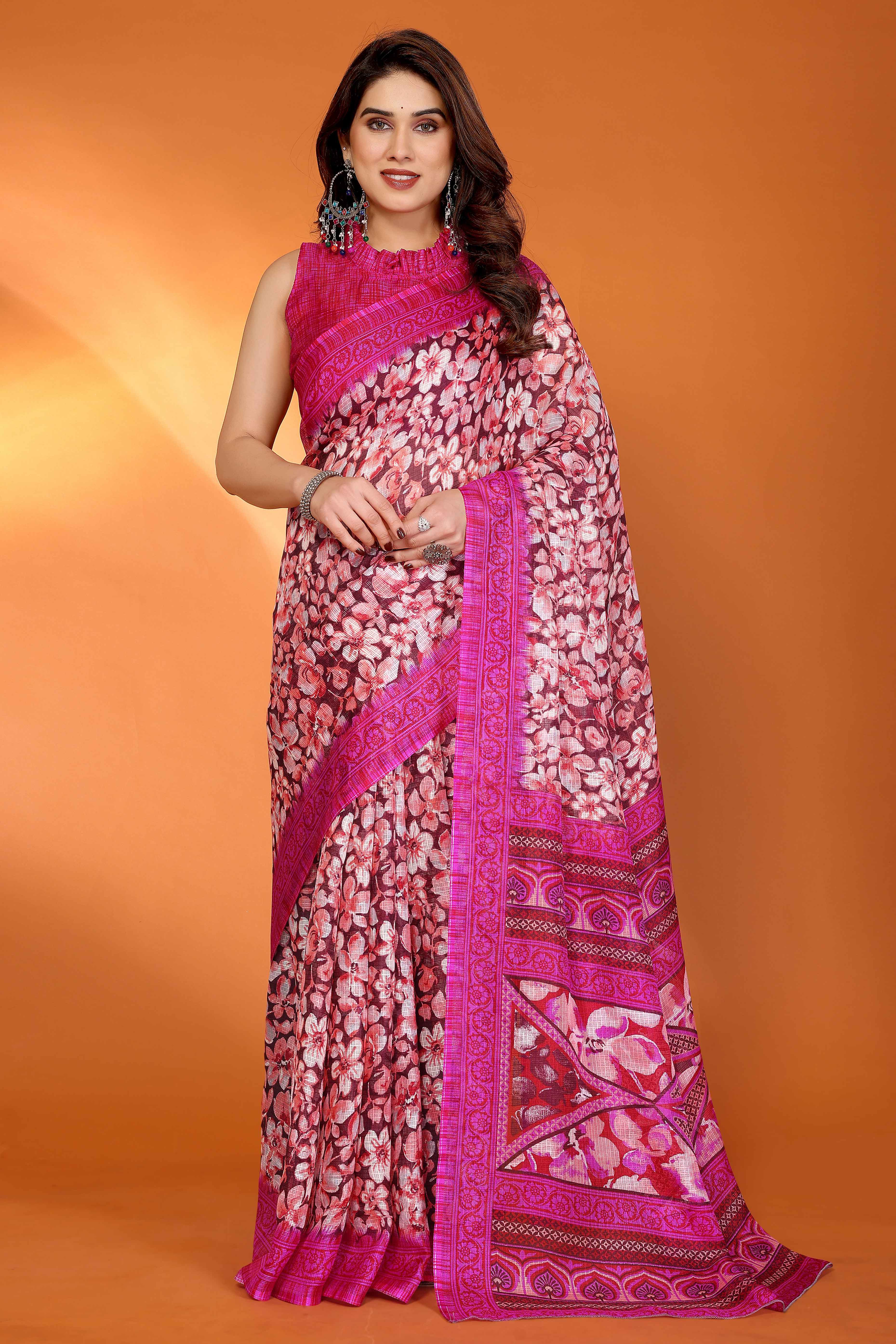 Pink Kota Doria Saree with Graceful Floral Print Work