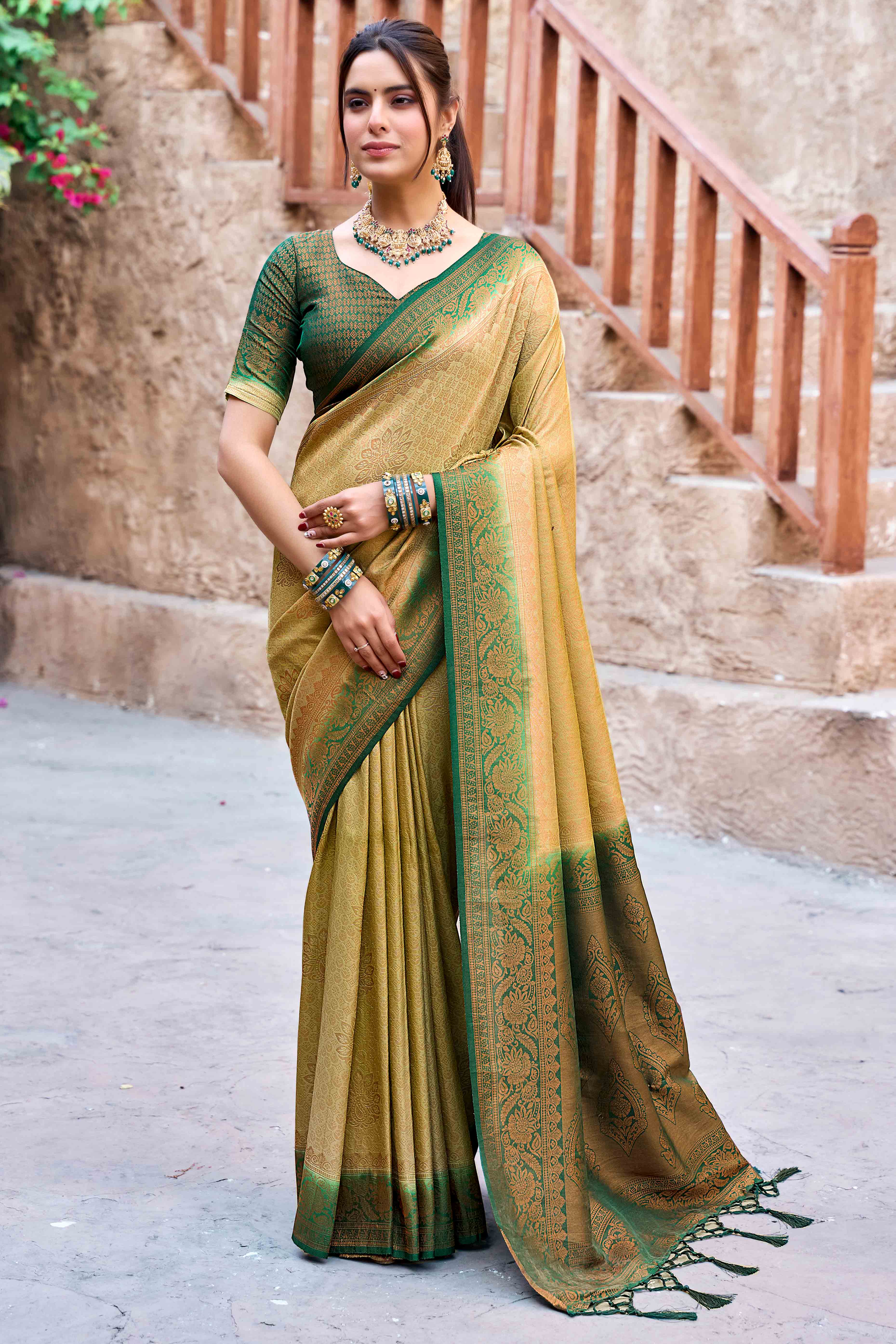 Pista Green Banarasi Silk Saree Featuring Elegant Floral Woven & Delicate Tassel Edging