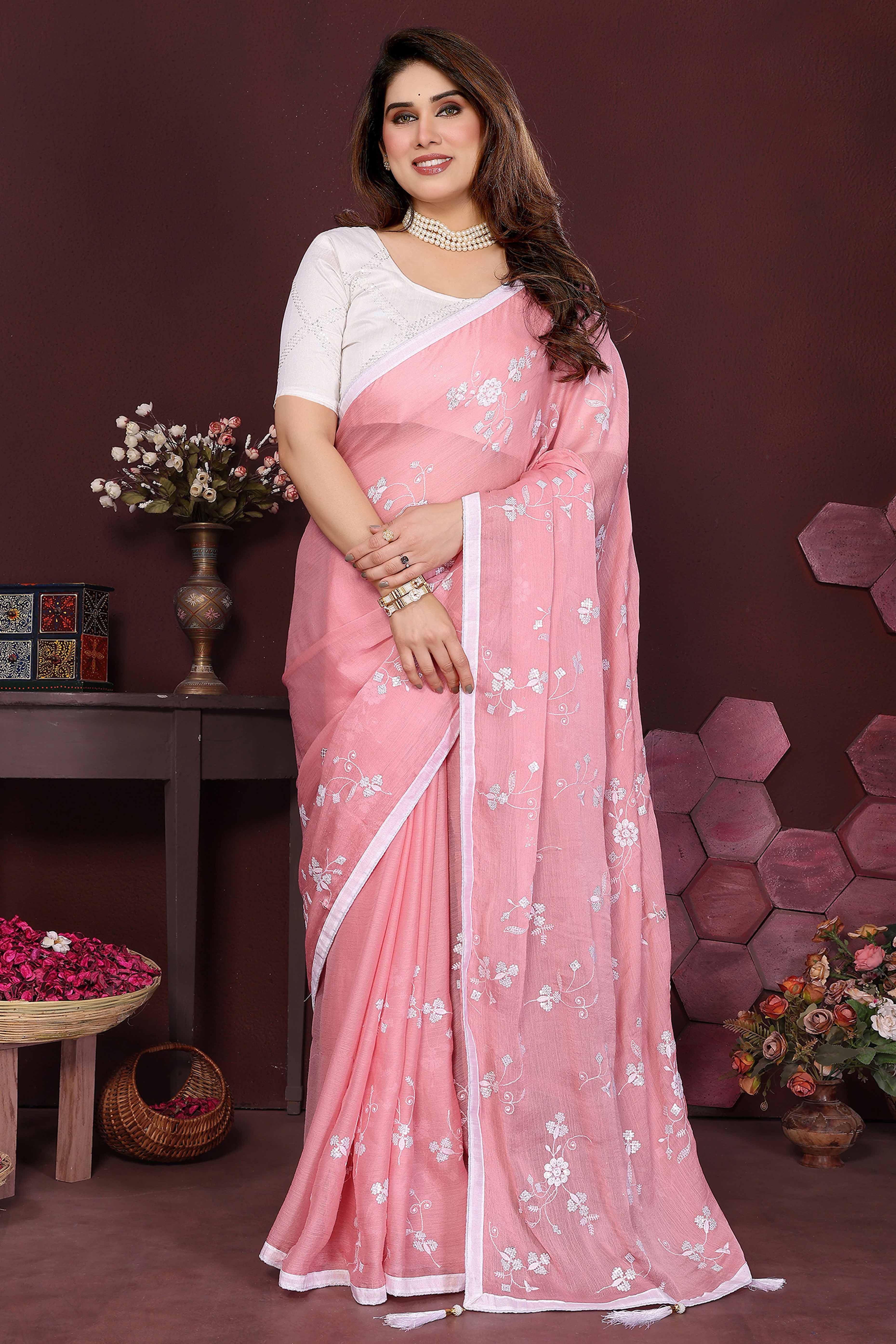 Pink Bloom Saree adorned with Moss Floral Embroidery and Delicate Lace Border