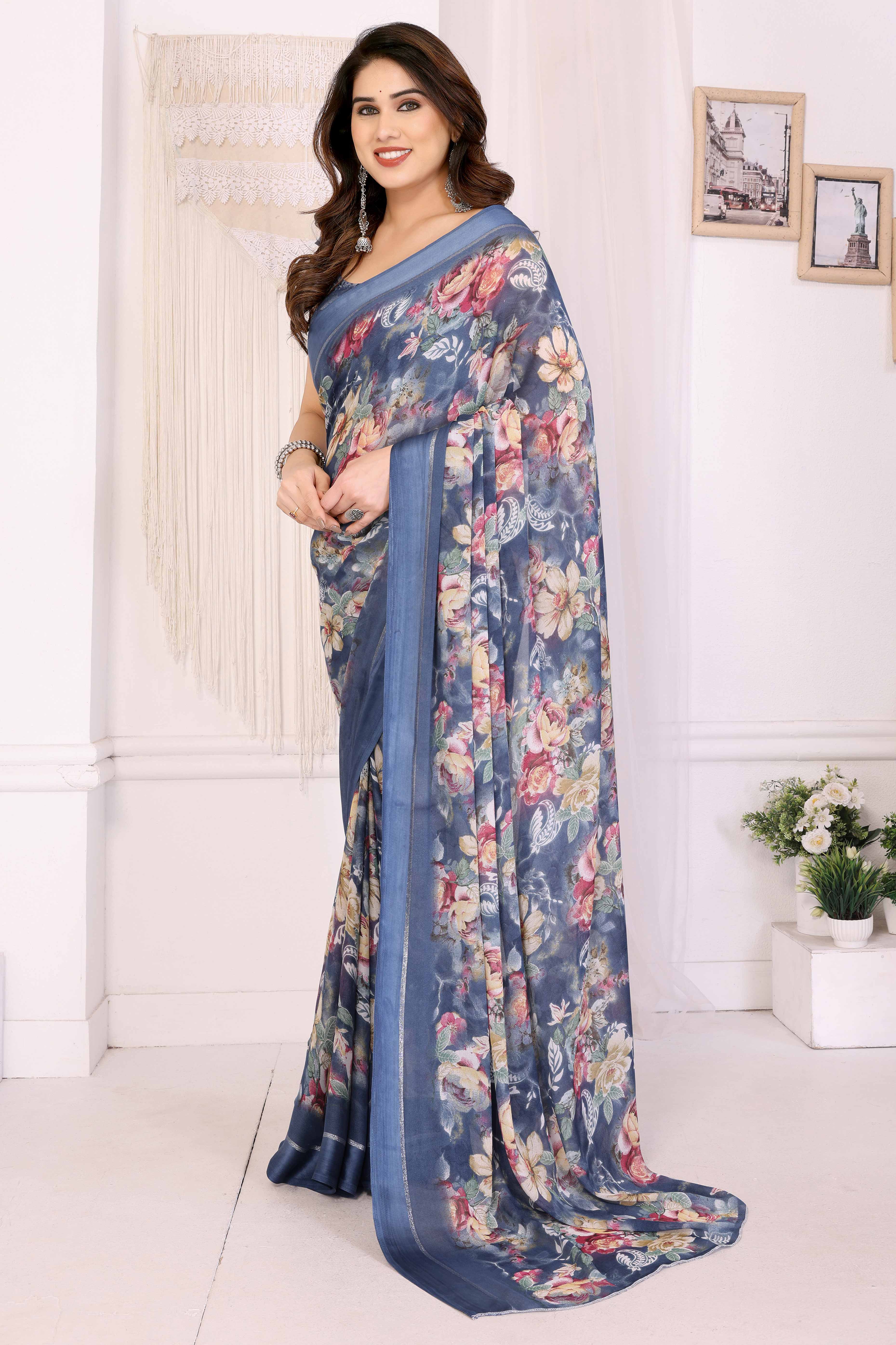 Bluish Grey Floral Printed Crepe Saree Enhanced With A Lustrous Satin Patta Border