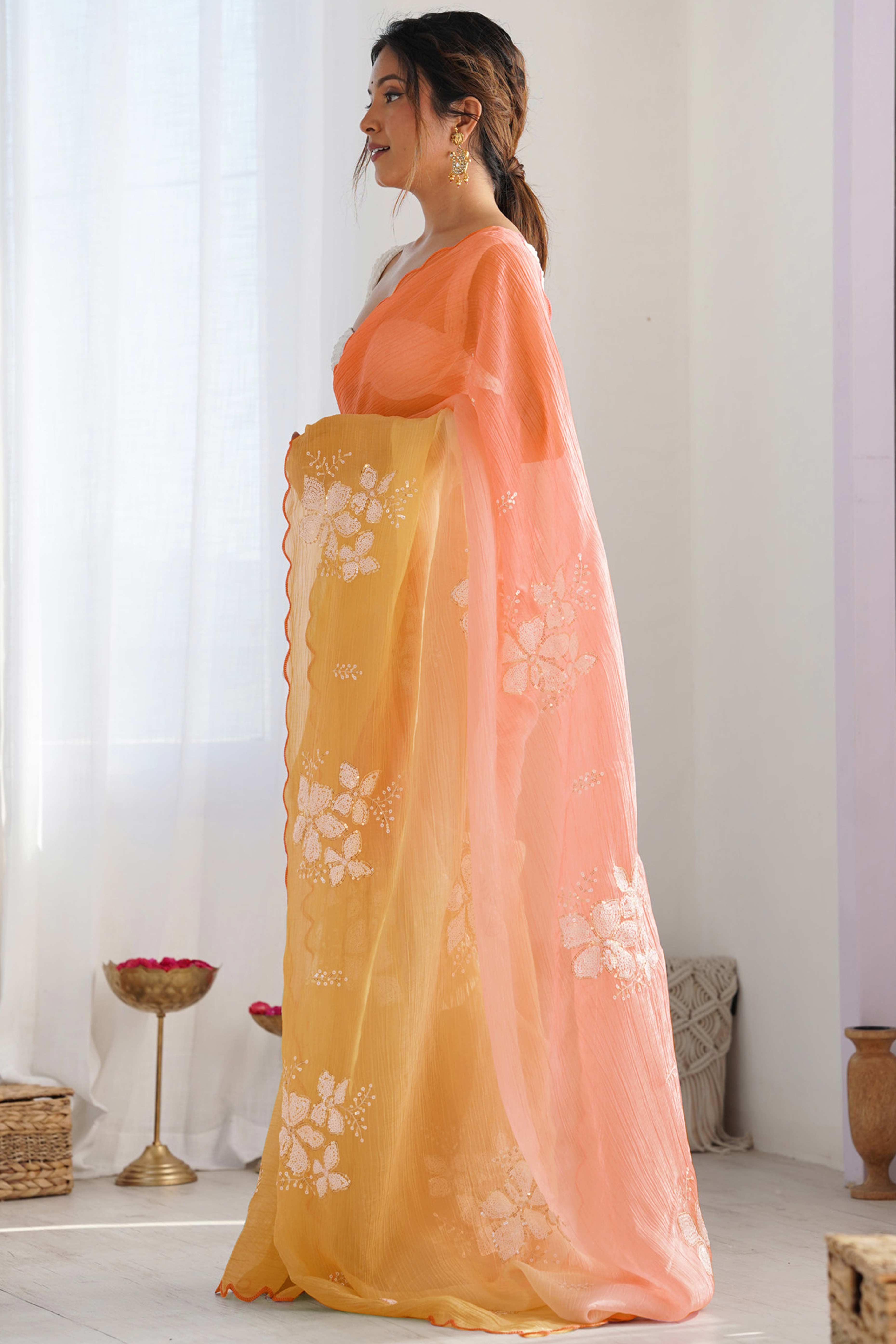 Orange & Yellow Ombre Silk Blend Saree Accentuated With Floral Sequins Embroidery