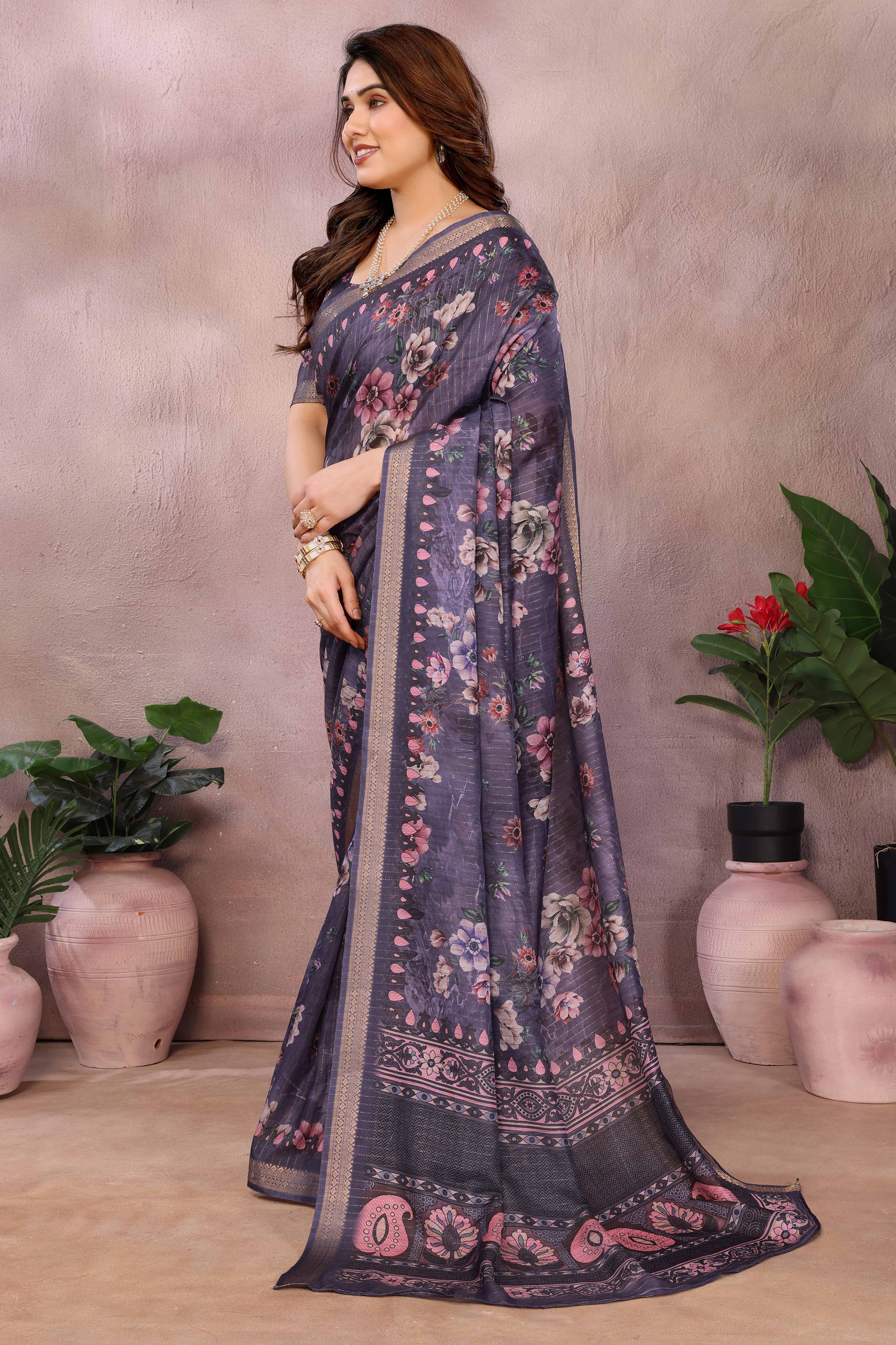 Wine Zari Woven Saree with Floral Motifs in Cotton Blend Fabric
