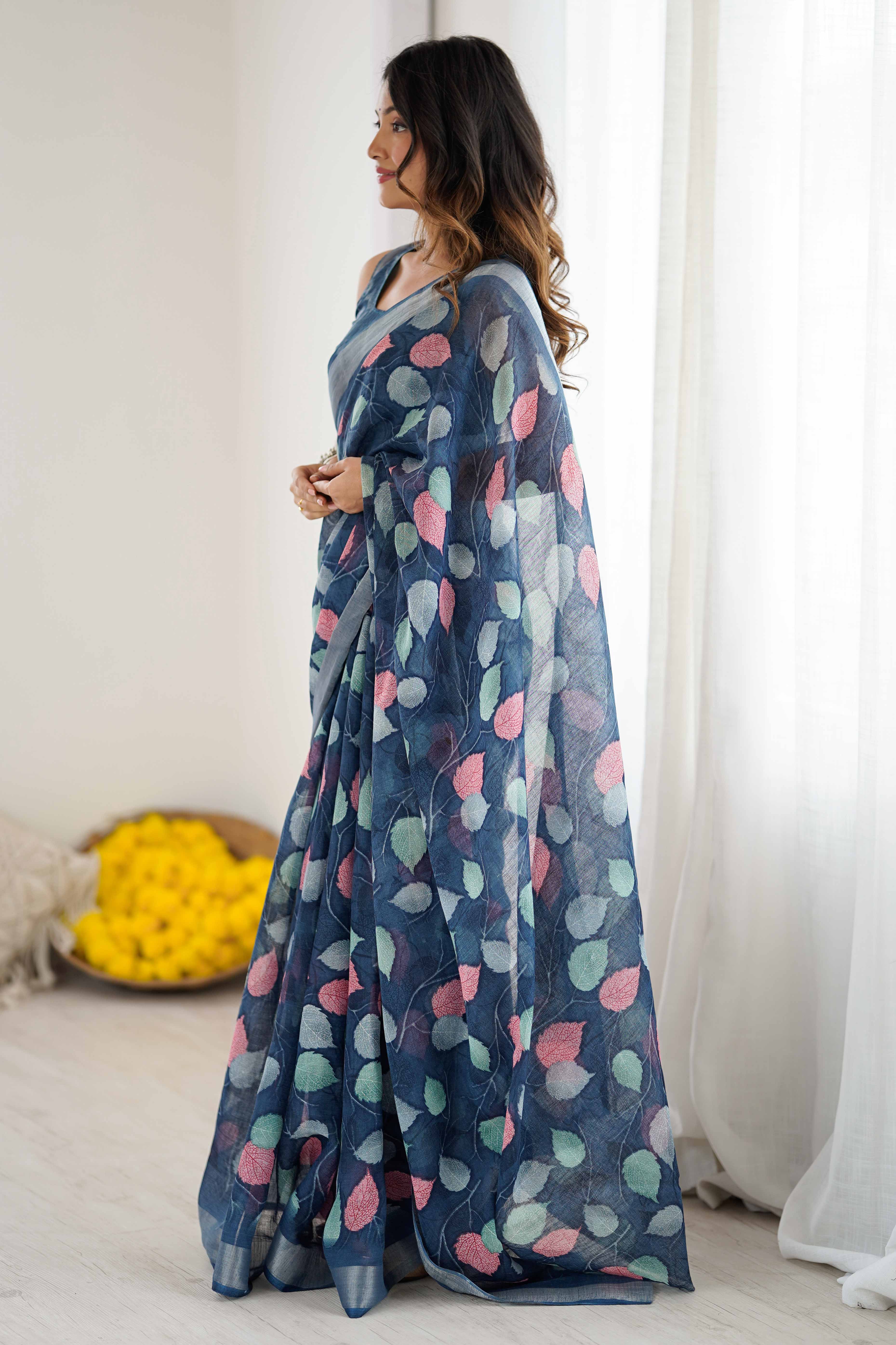 Dark Blue Linen Saree With Graceful All Over Leaf Pattern