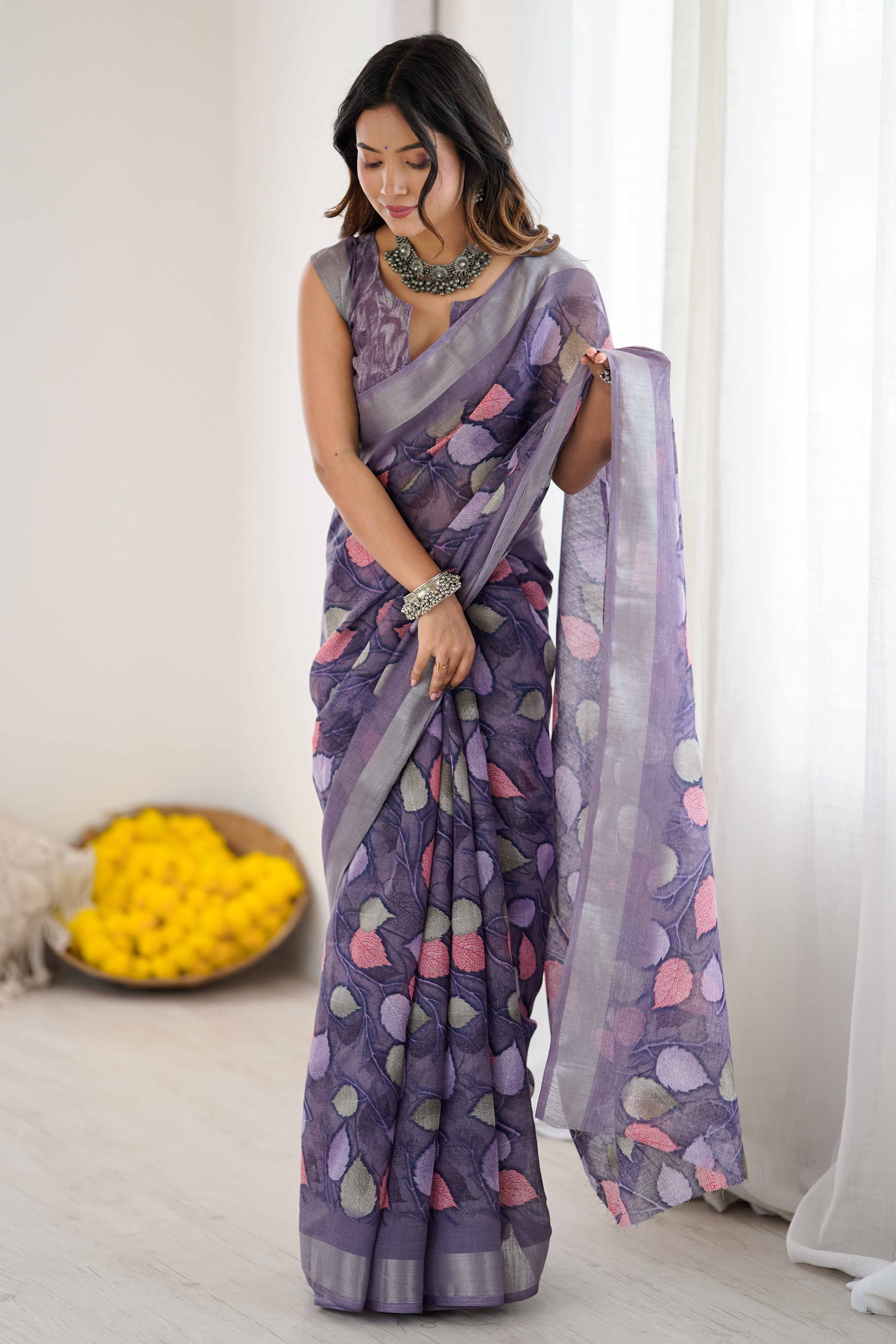 Lavender Linen Saree With Graceful All Over Leaf Pattern