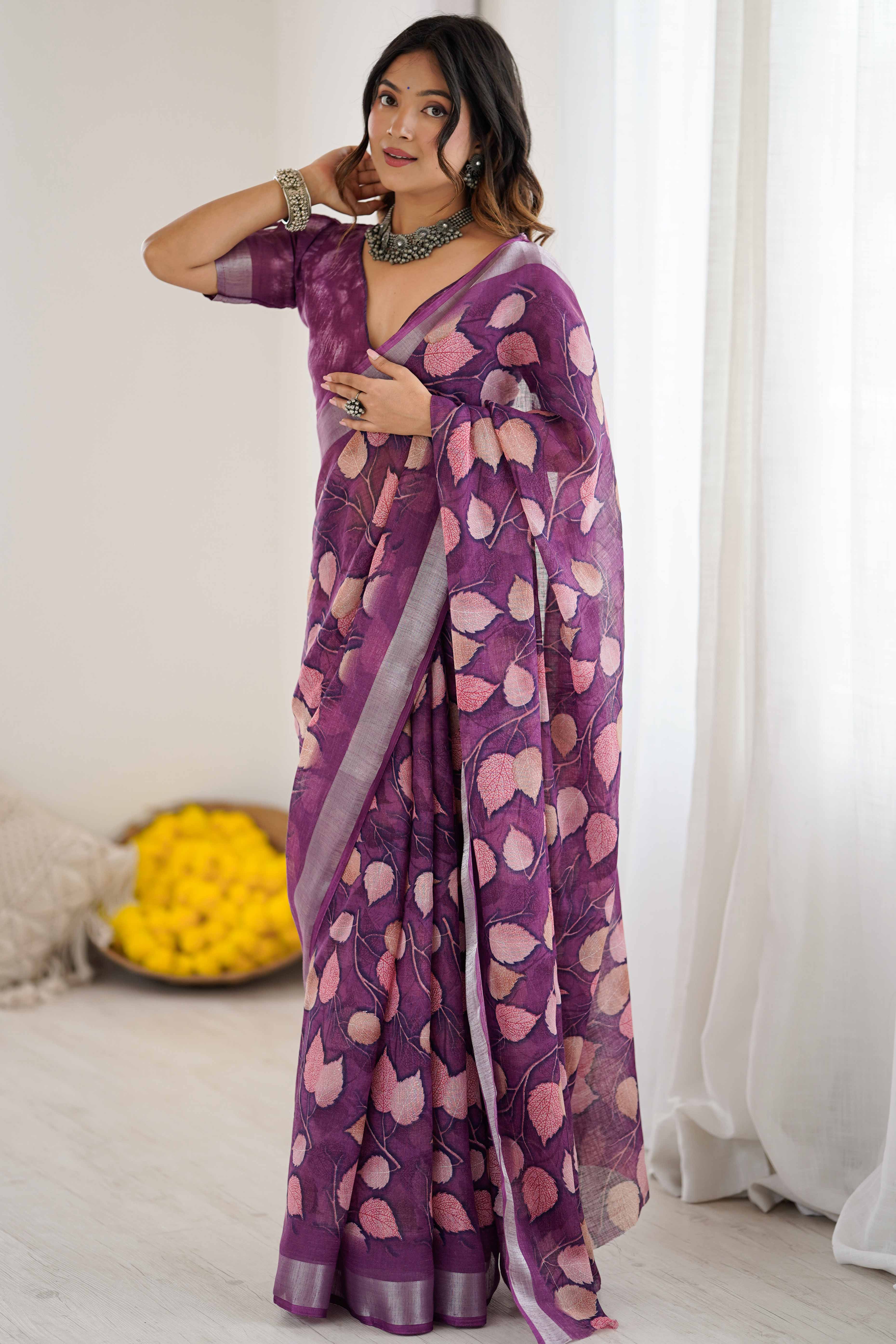 Purple Linen Saree With Graceful All Over Leaf Pattern