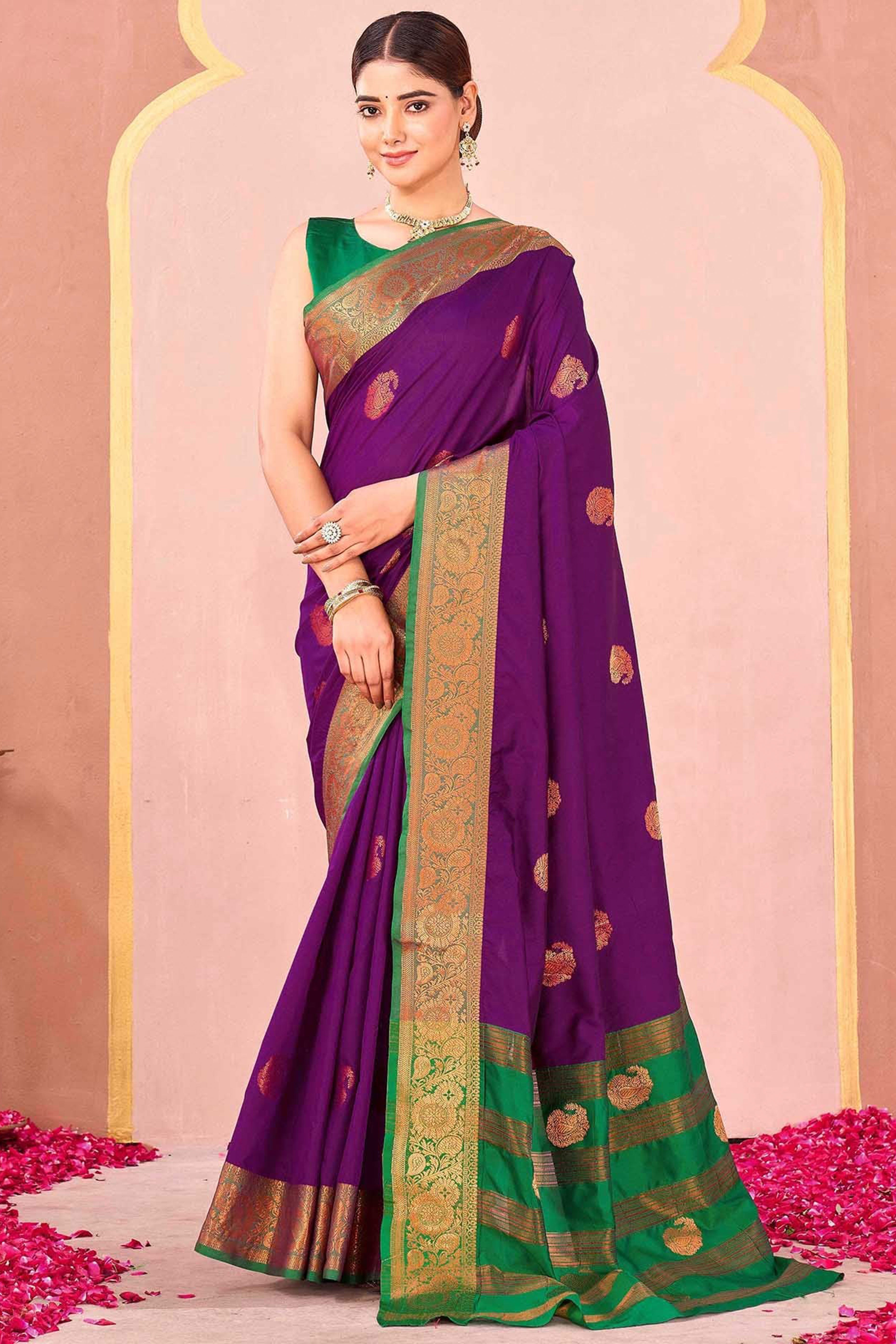 Purple Silk Blend Saree Adorned With Zari Woven Floral & Paisley Design