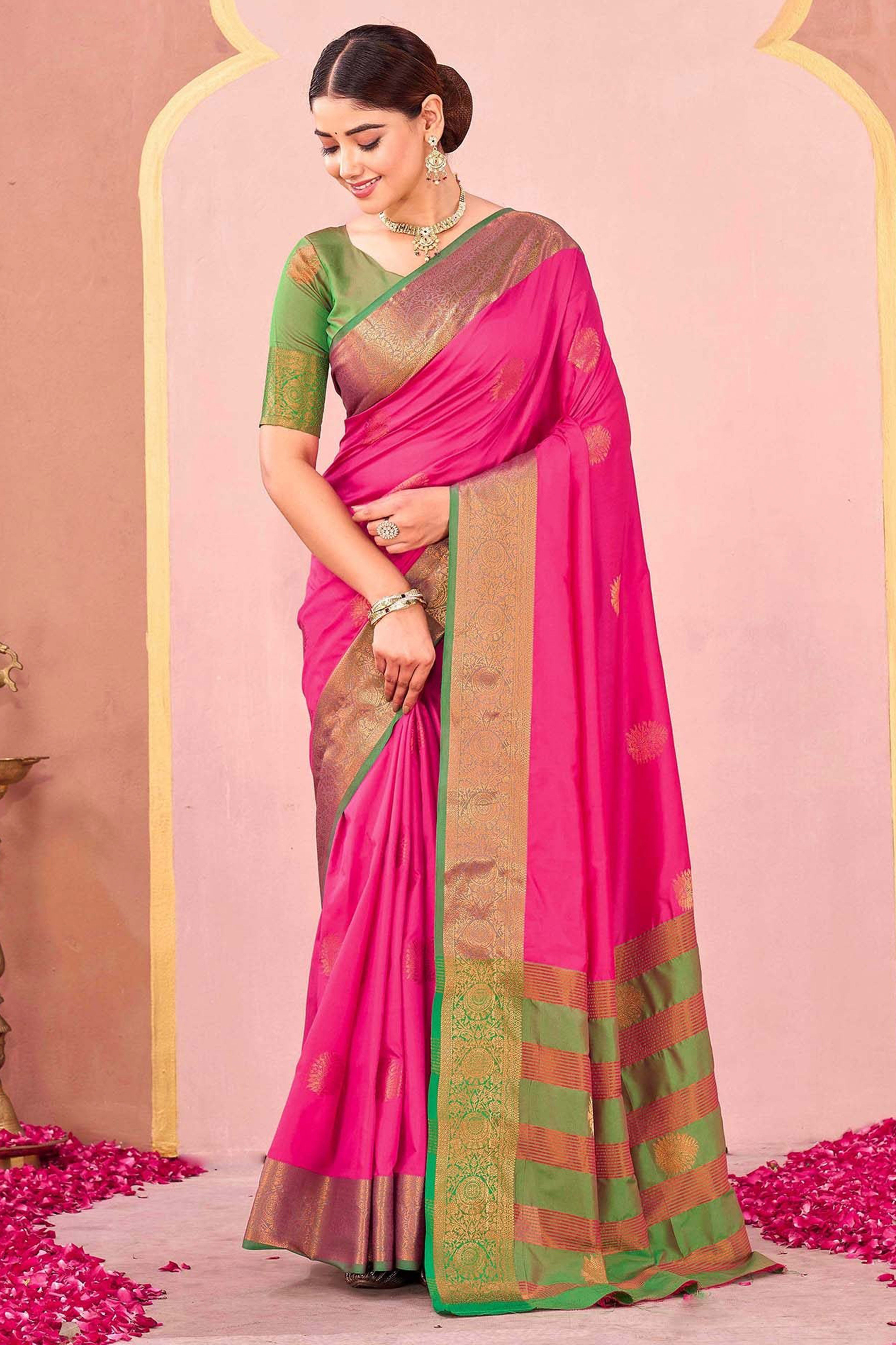 Rani Pink Silk Blend Saree Adorned With Zari Woven Floral & Paisley Design
