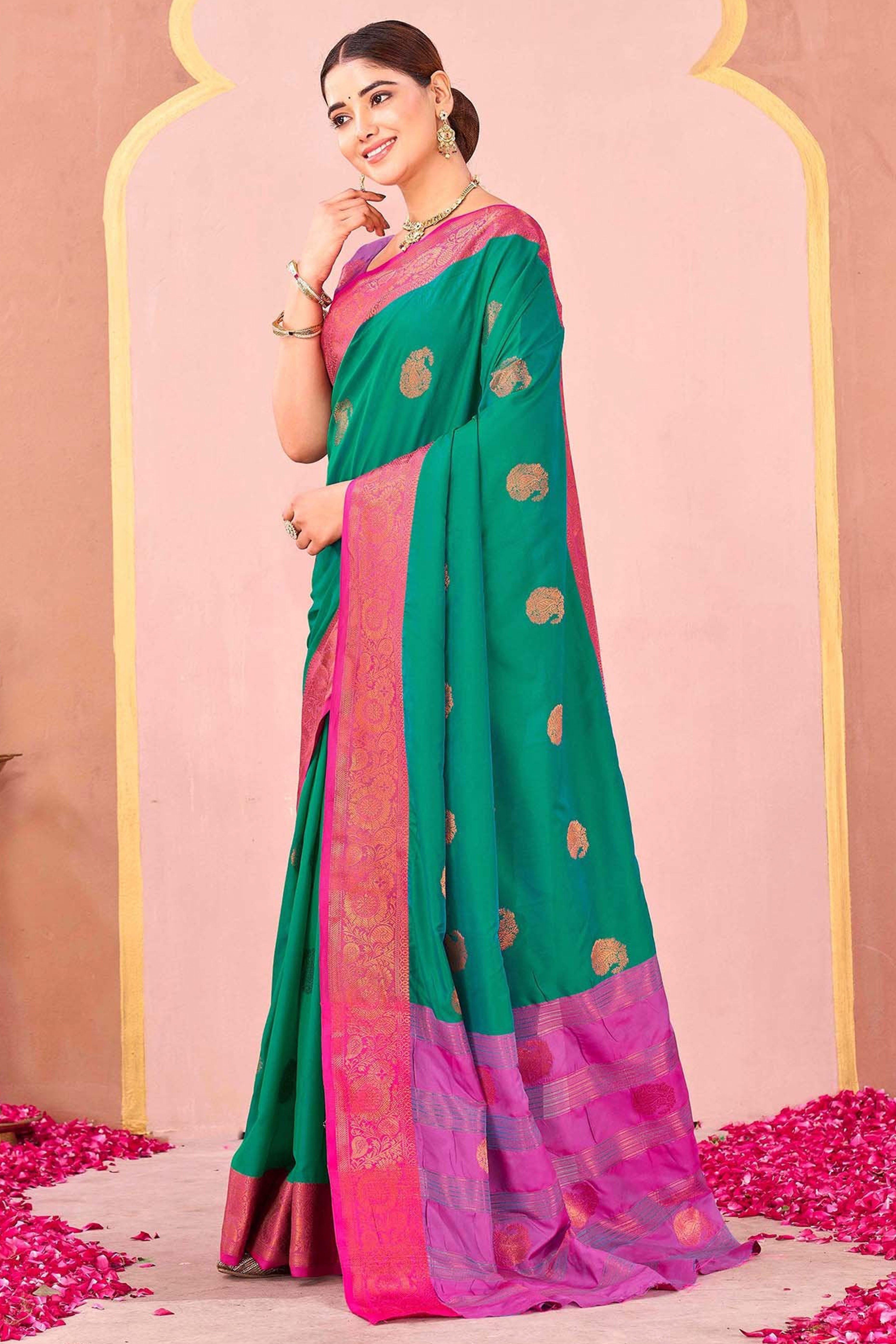 Teal Green Silk Blend Saree Adorned With Zari Woven Floral & Paisley Design