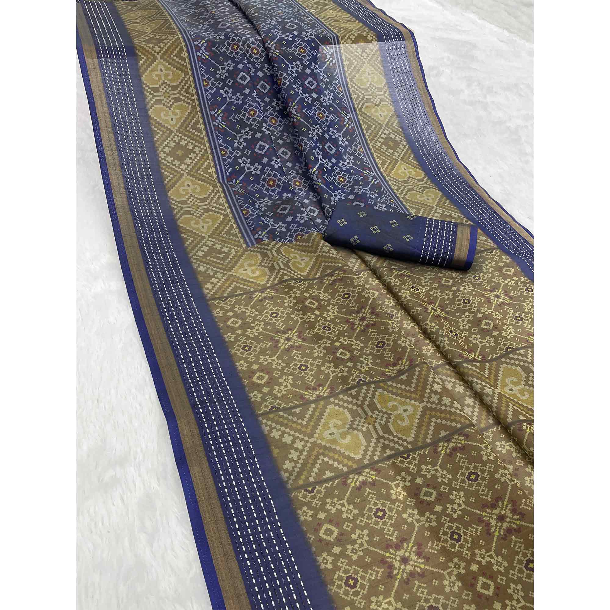 Gorgeous Blue Silk Blend Saree with Digital Patola Patterns for Timeless Ethnic Appeal