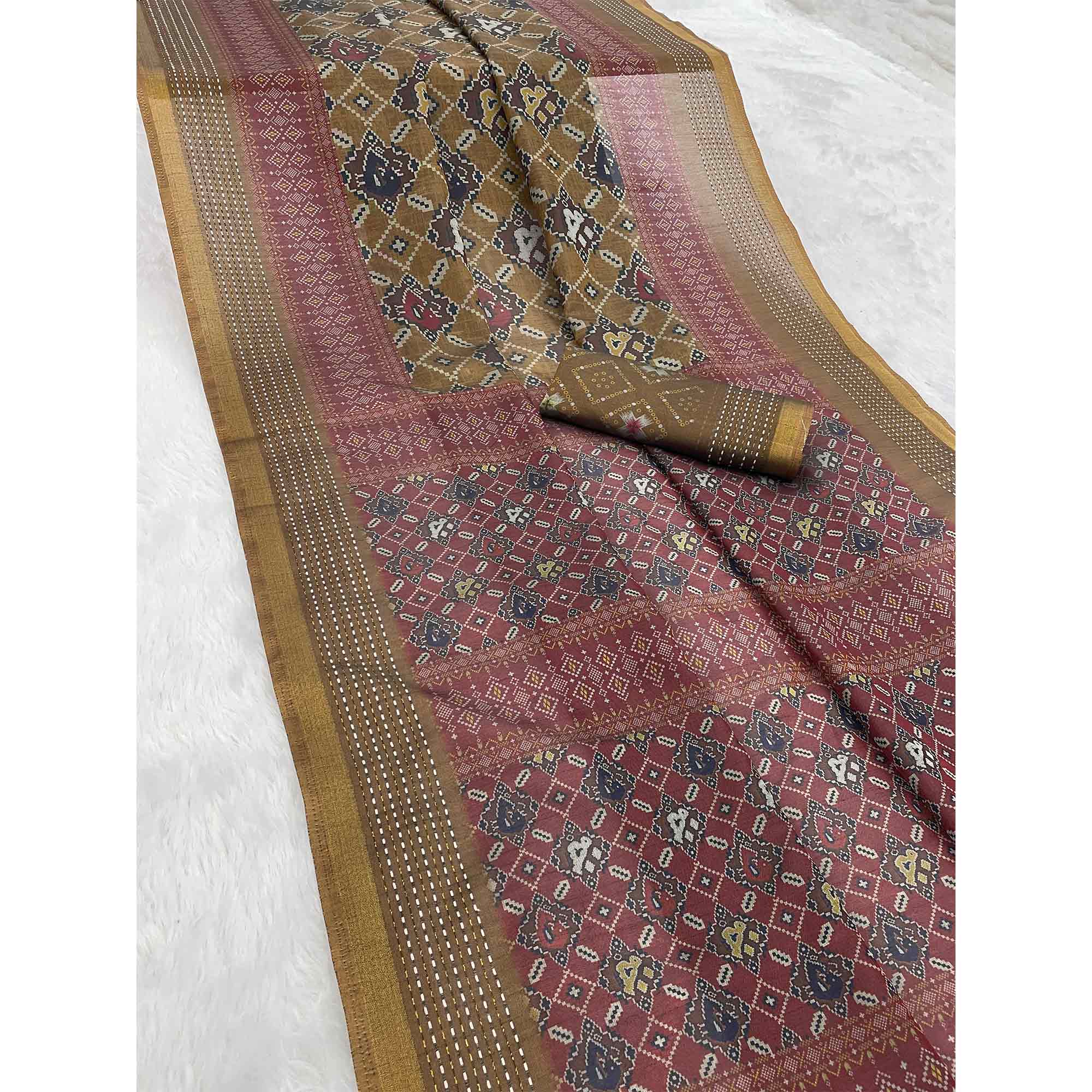 Gorgeous Mustard Silk Blend Saree with Digital Patola Patterns for Timeless Ethnic Appeal