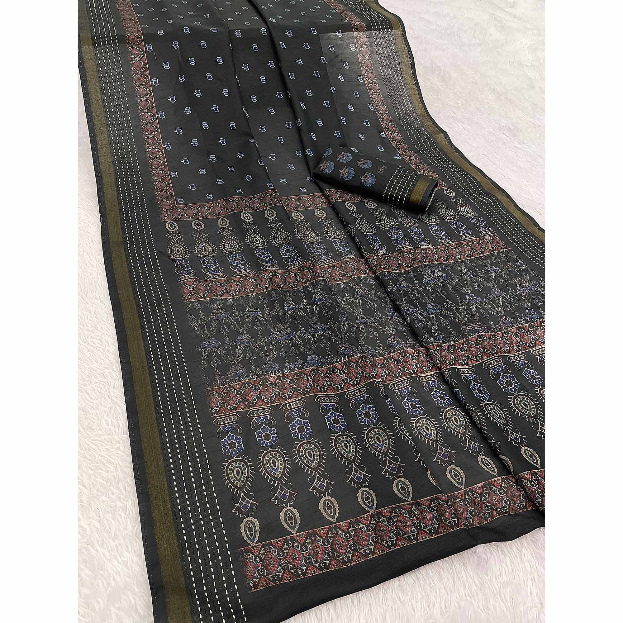 Graceful Black Digital Ikkat Printed Saree in Luxurious Silk Blend Fabric