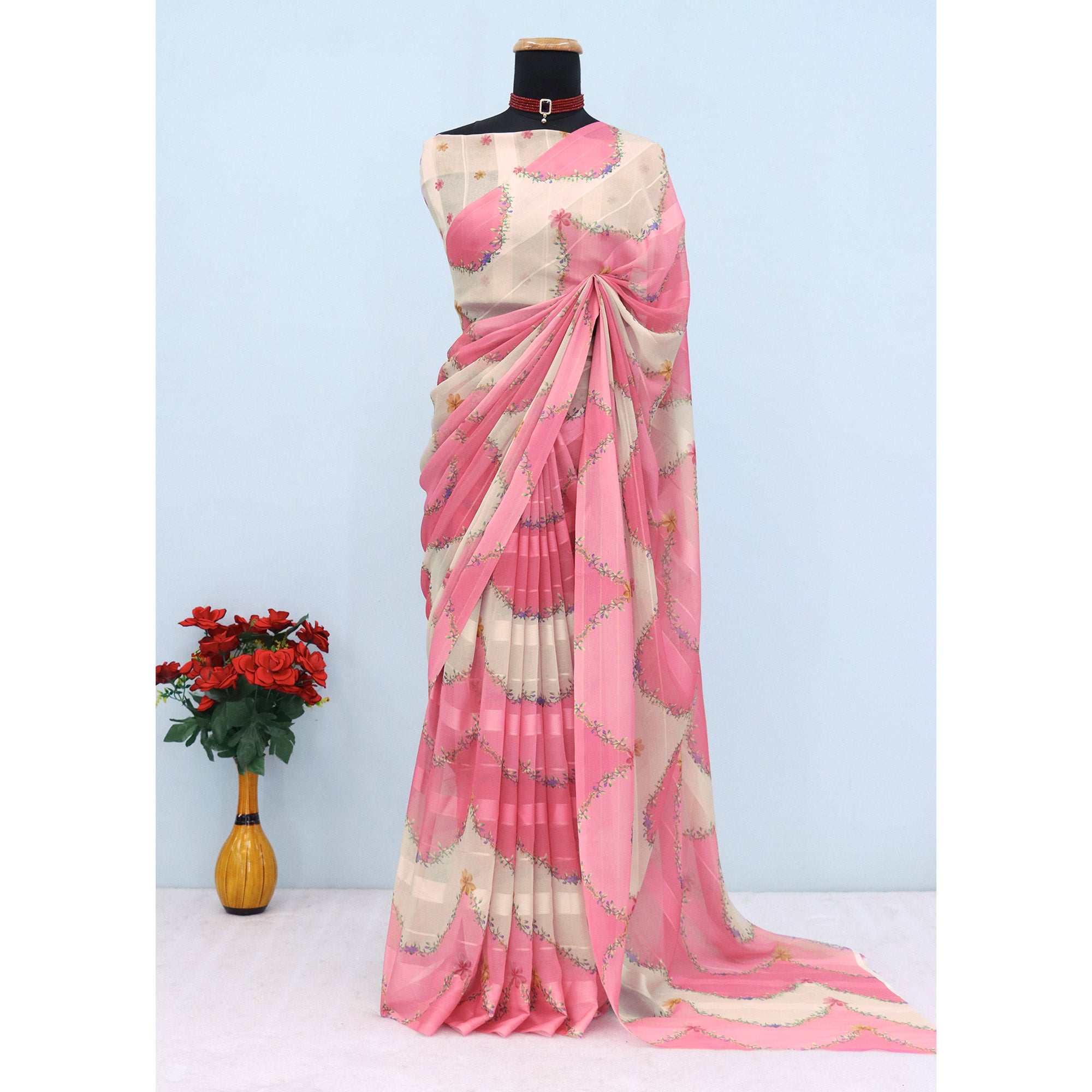 Pink Bloom Floral Digital Printed Georgette Saree Accentuated With Graceful Zari Stripes