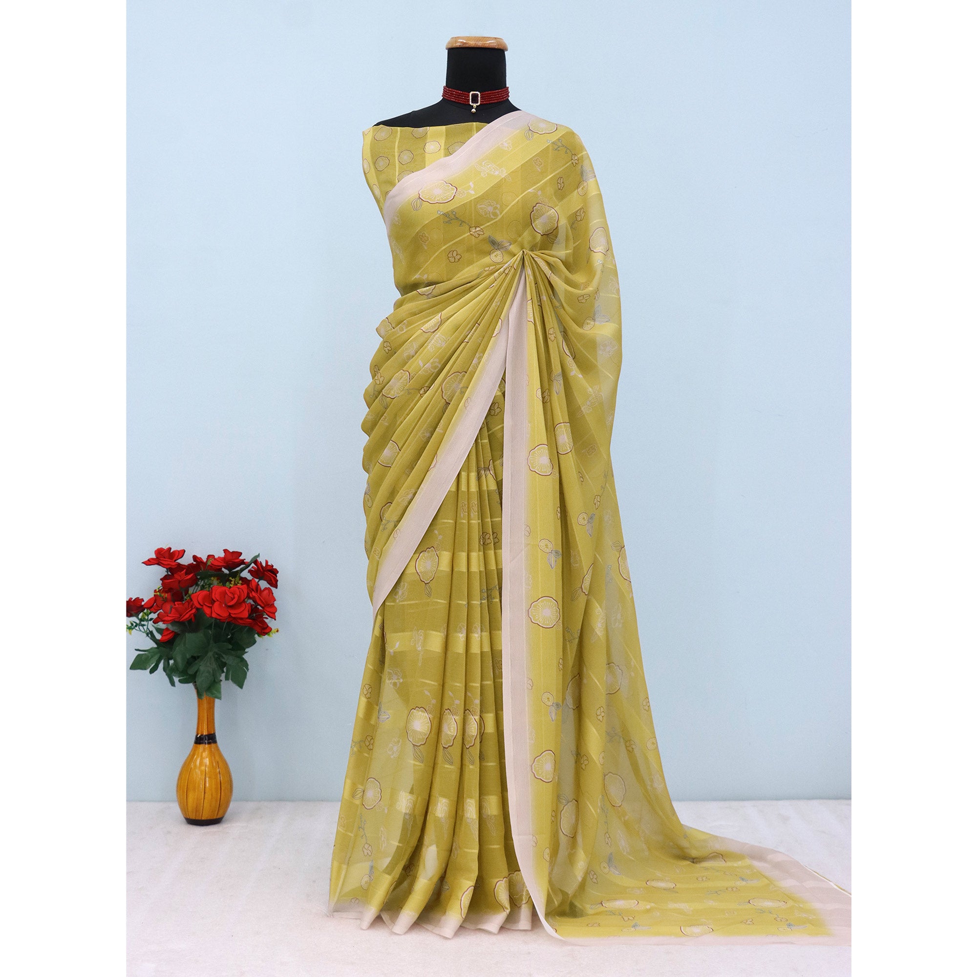 Dark Mustard Bloom Floral Digital Printed Georgette Saree Accentuated With Graceful Zari Stripes