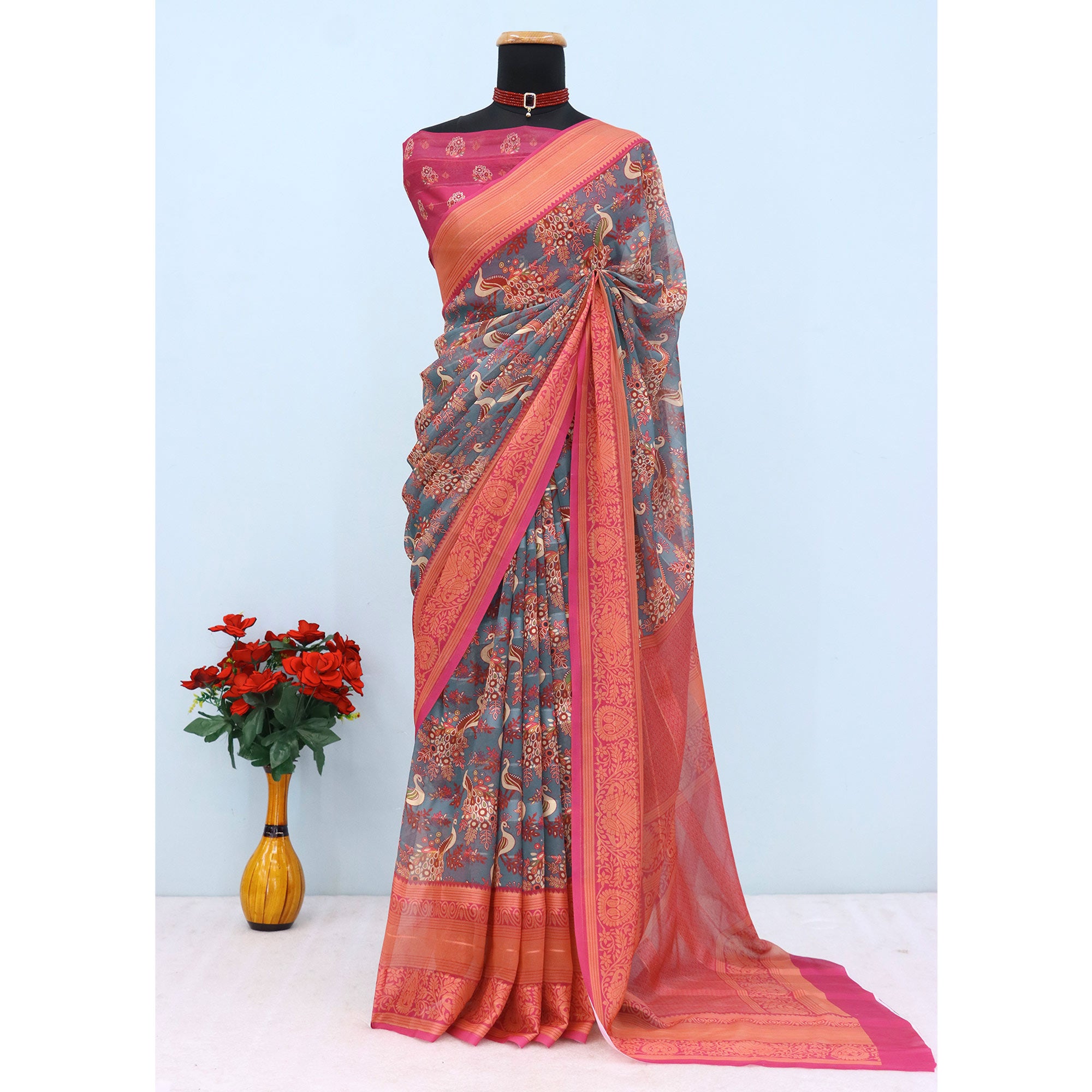 Elegant Grey & Pink Floral Digital Printed Georgette Saree Adorned With Subtle Zari Stripes