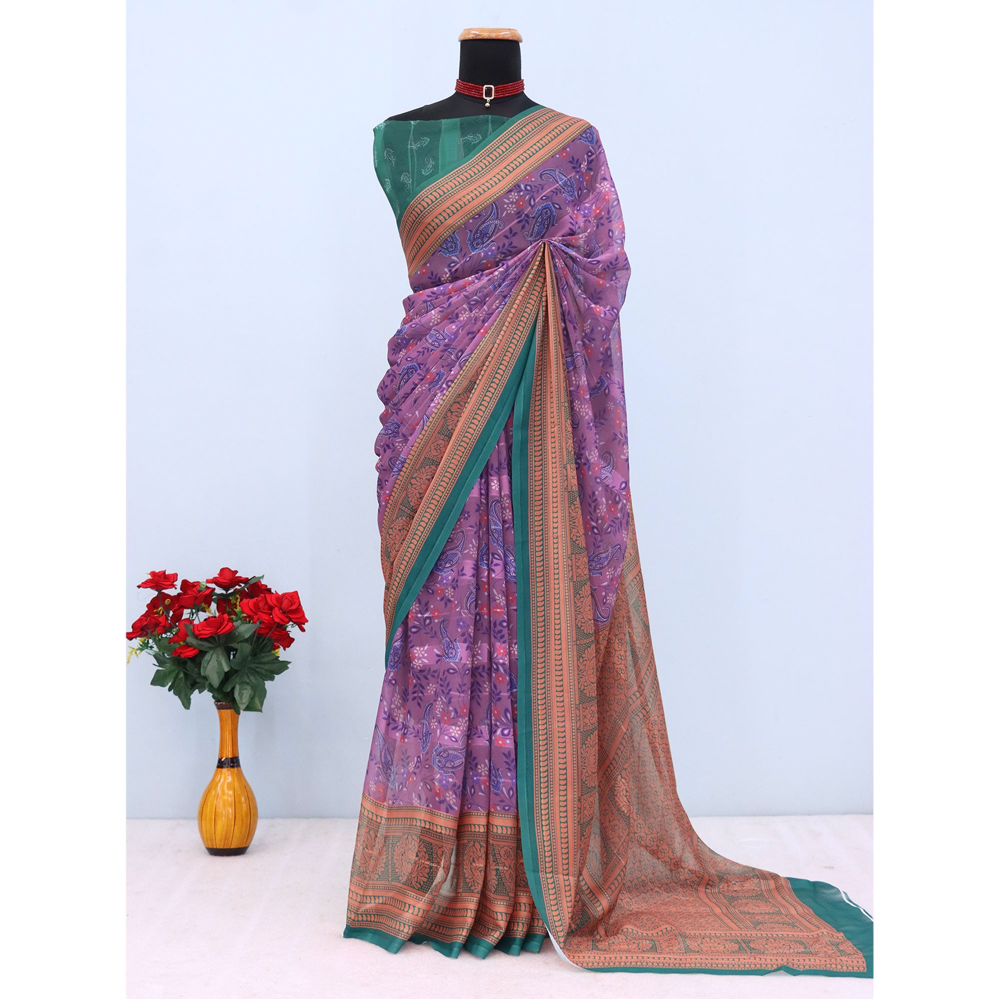 Elegant Violet & Green Floral Digital Printed Georgette Saree Adorned With Subtle Zari Stripes