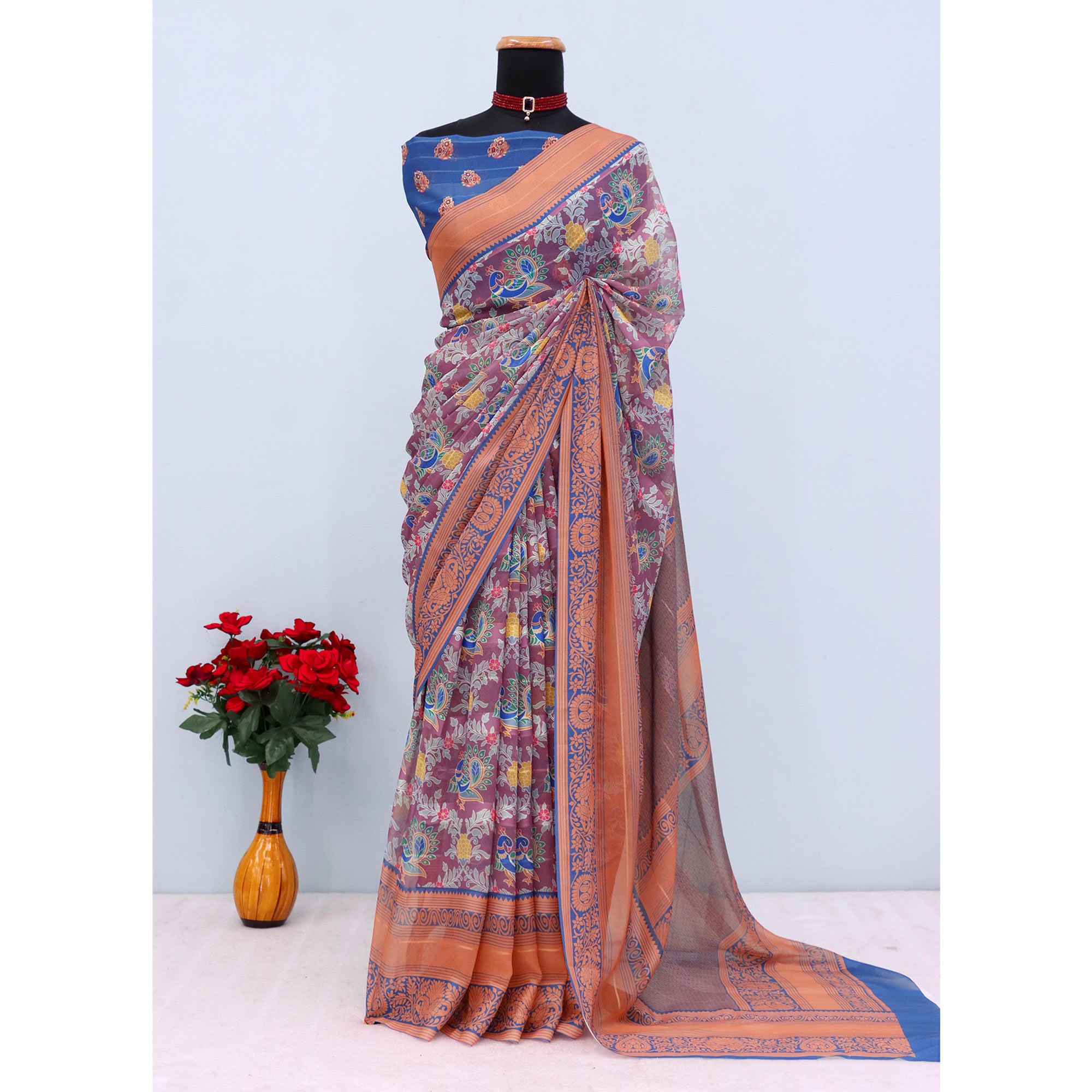 Elegant Wine & Blue Floral Digital Printed Georgette Saree Adorned With Subtle Zari Stripes
