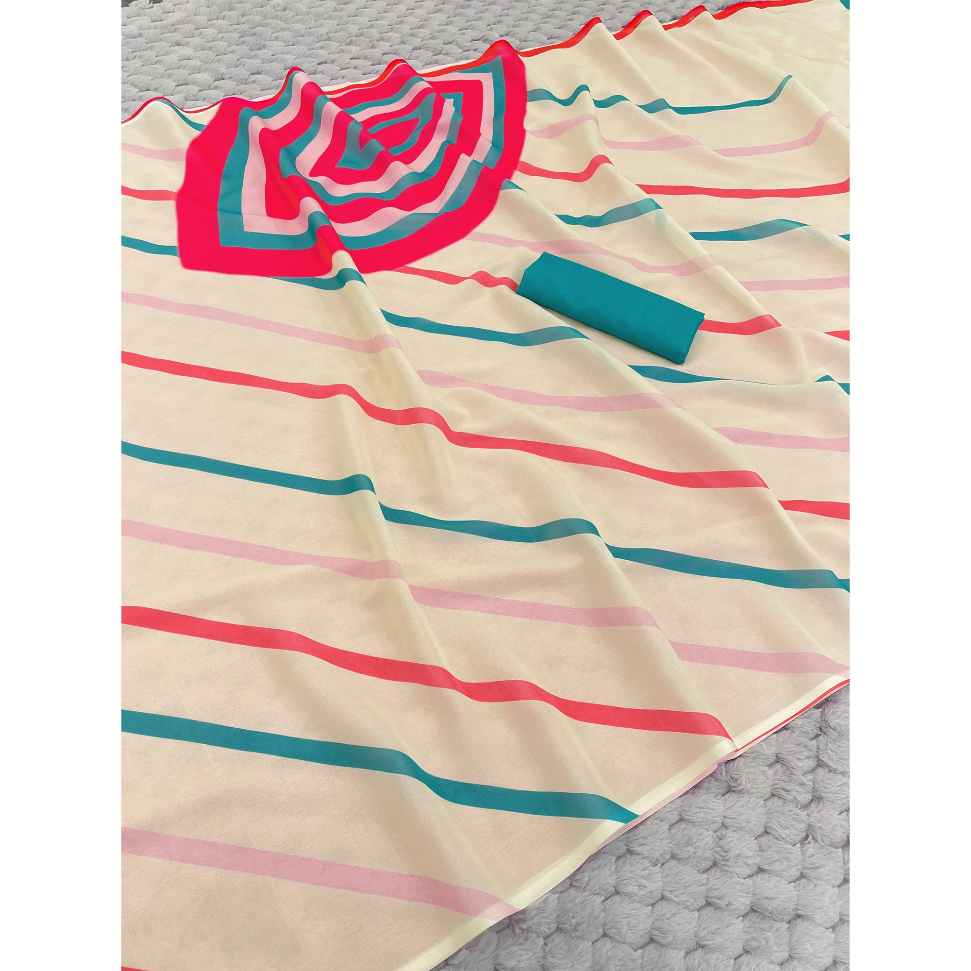 Cream Sparkle Star Georgette Saree Adorned With Striped Digital Prints