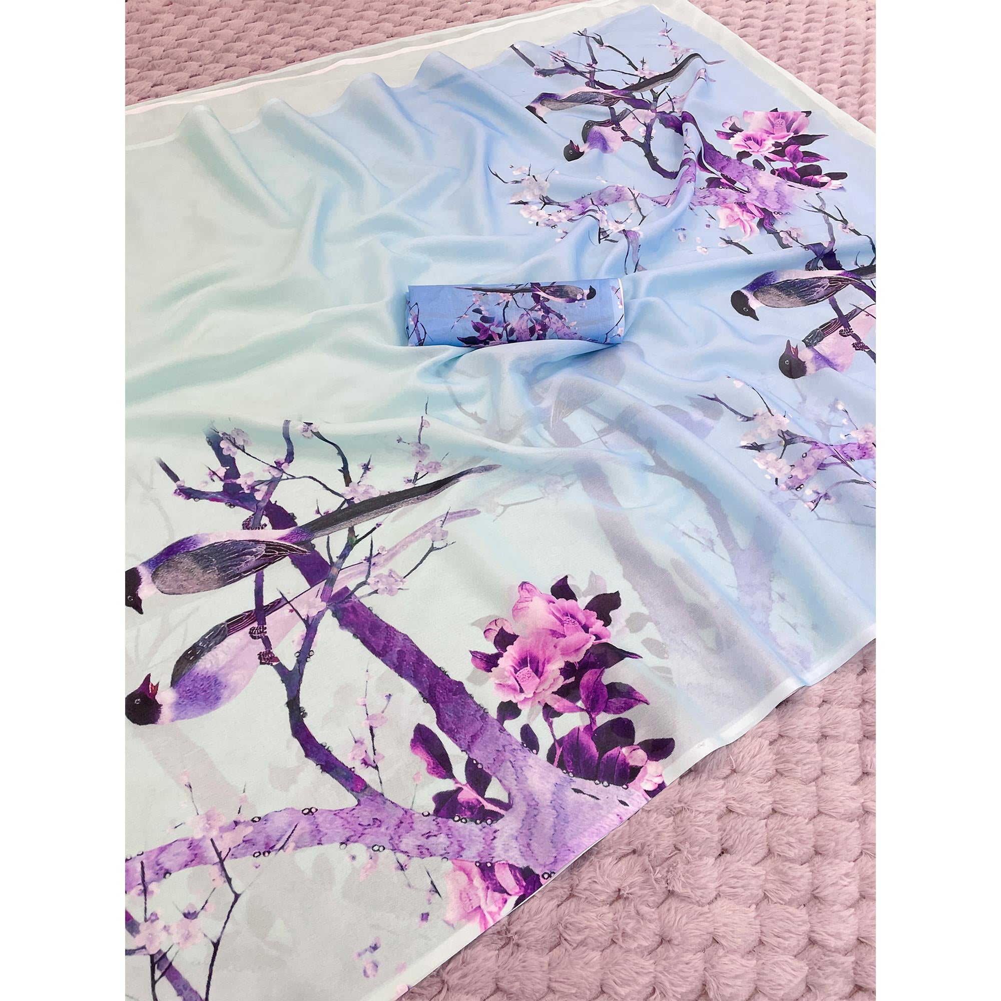 Light Turquoise Sparkle Star Georgette Saree Adorned With Floral & Bird Digital Prints