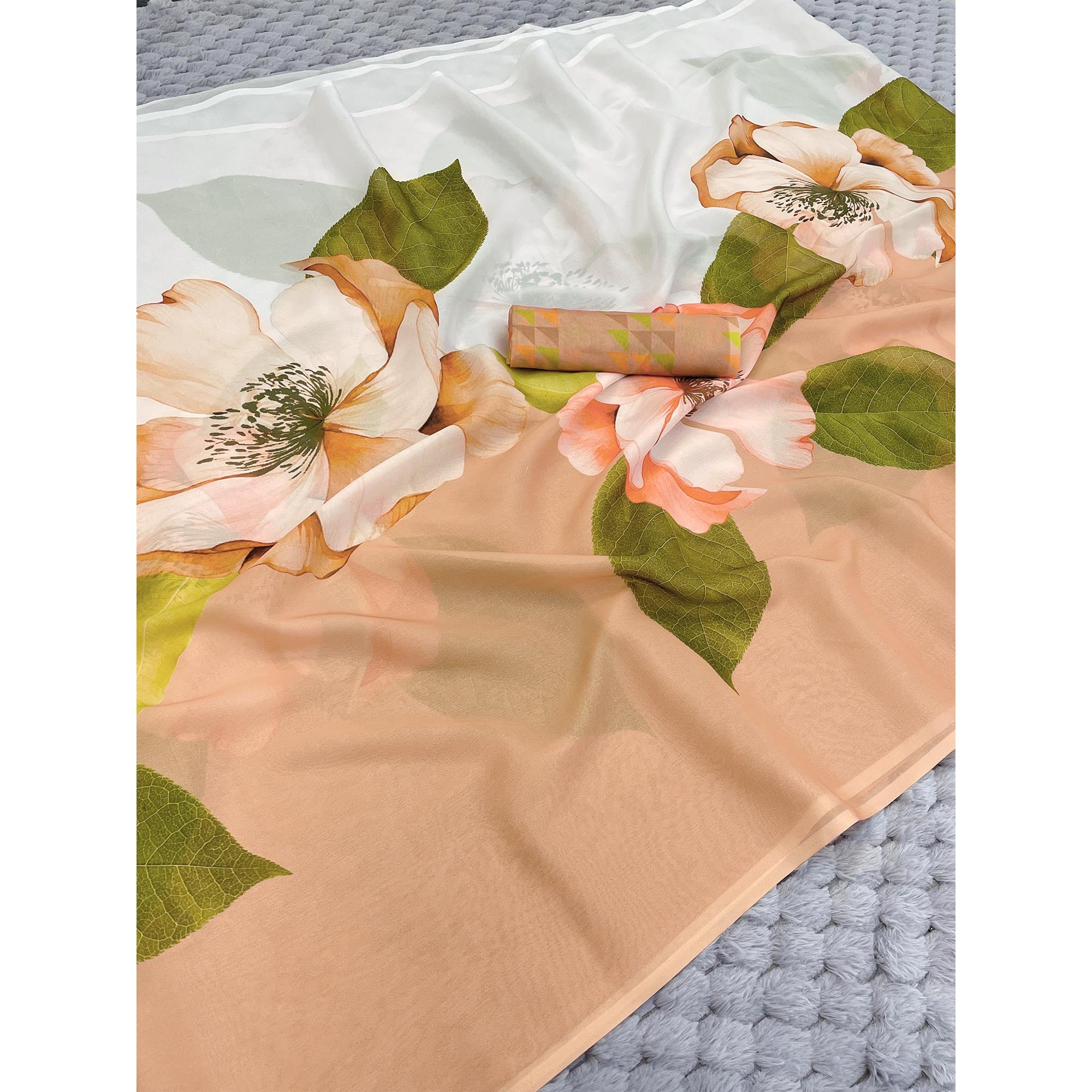 White & Peach Sparkle Star Georgette Saree Adorned With Floral Digital Prints